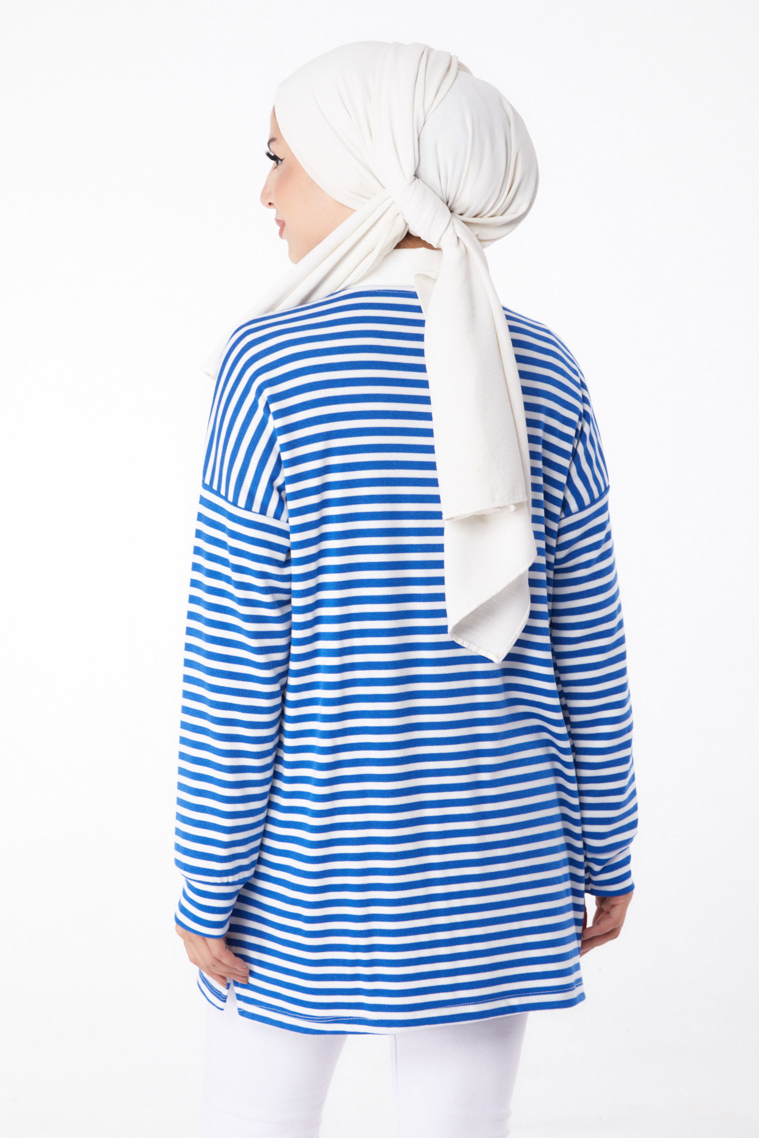 Düz Bisiklet Yaka Kadın Saks Çizgili Sweat - 26246 - 5