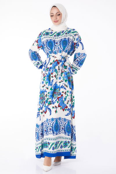 Desenli Elbise Saks - 26234 