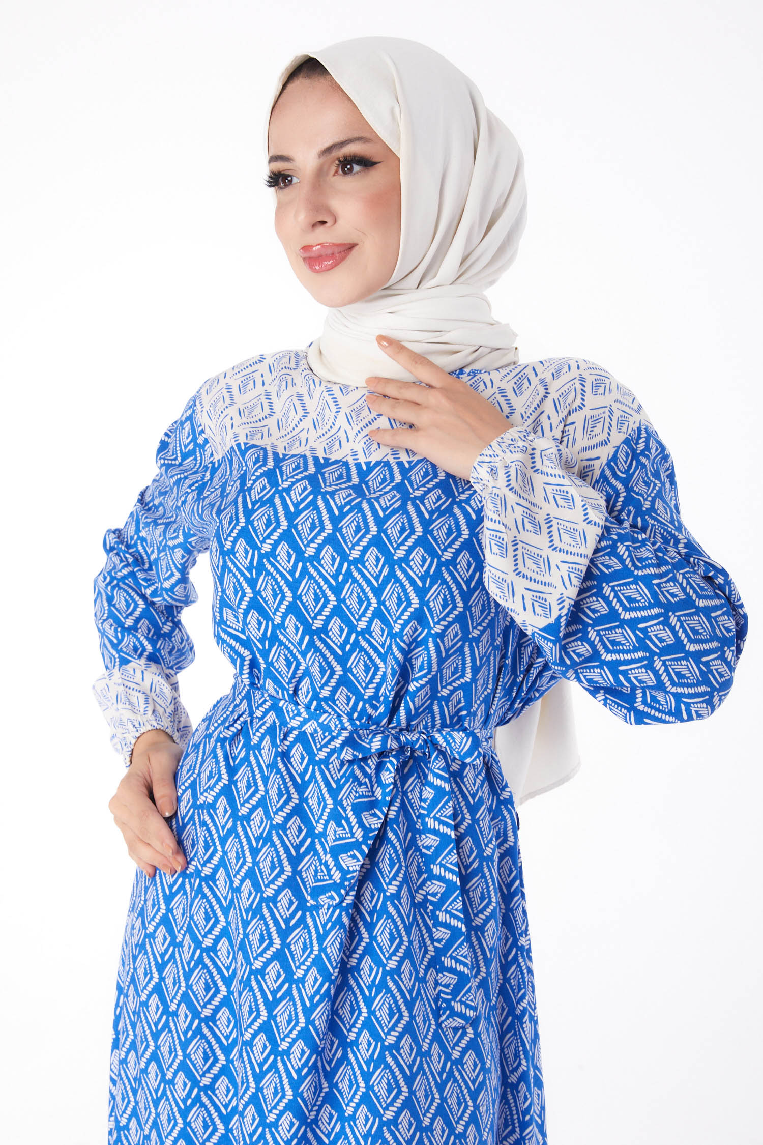 Etnik Desenli Elbise Saks - 26231 - 3
