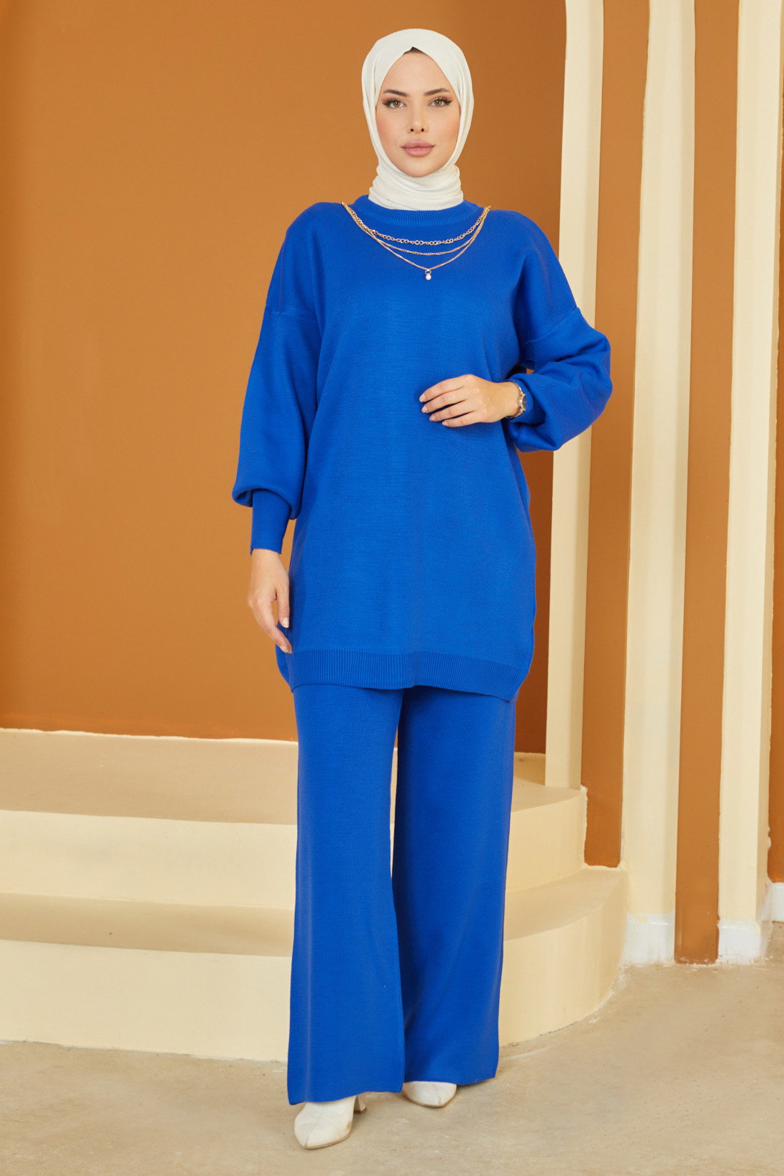 Kolyeli Triko Takım Saks - 26592 - 3