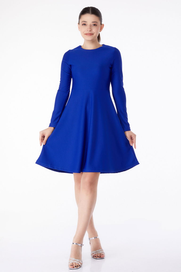 Düz Bisiklet Yaka Kadın Saks Mini Abiye Elbise - 13191 - TOFİSA