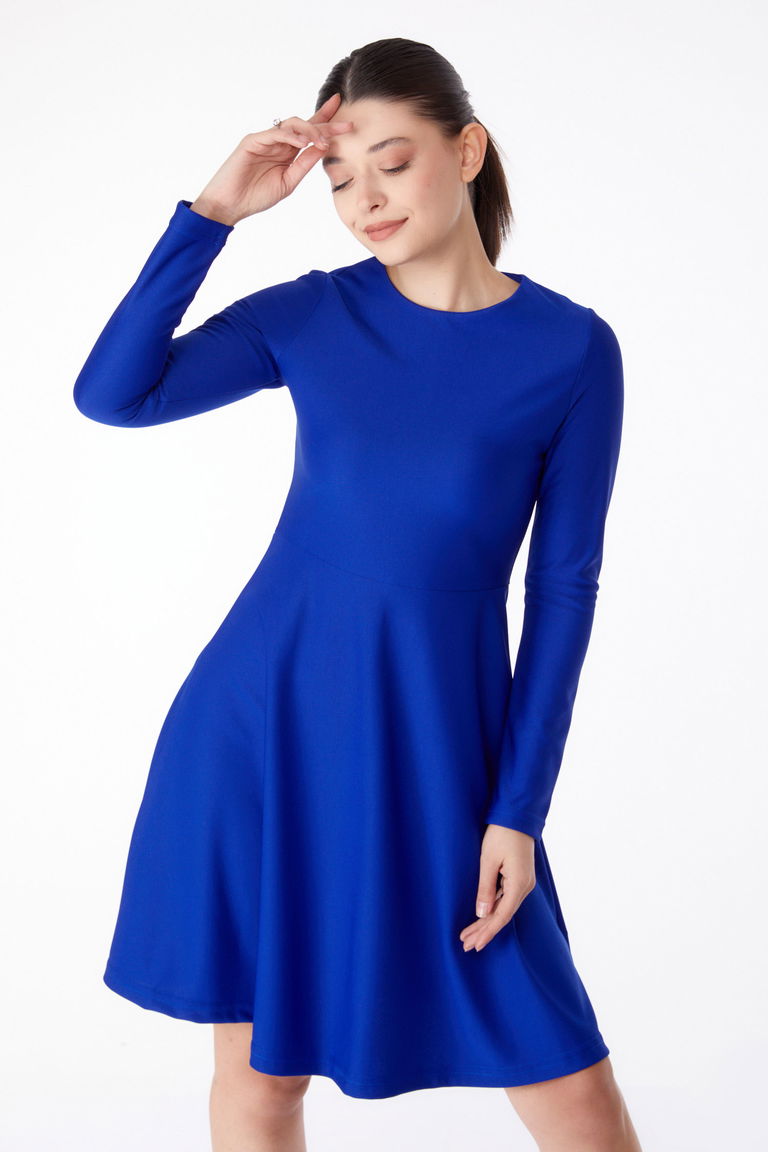 Düz Bisiklet Yaka Kadın Saks Mini Abiye Elbise - 13191 - TOFİSA