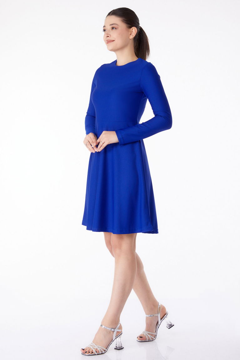 Düz Bisiklet Yaka Kadın Saks Mini Abiye Elbise - 13191 - TOFİSA