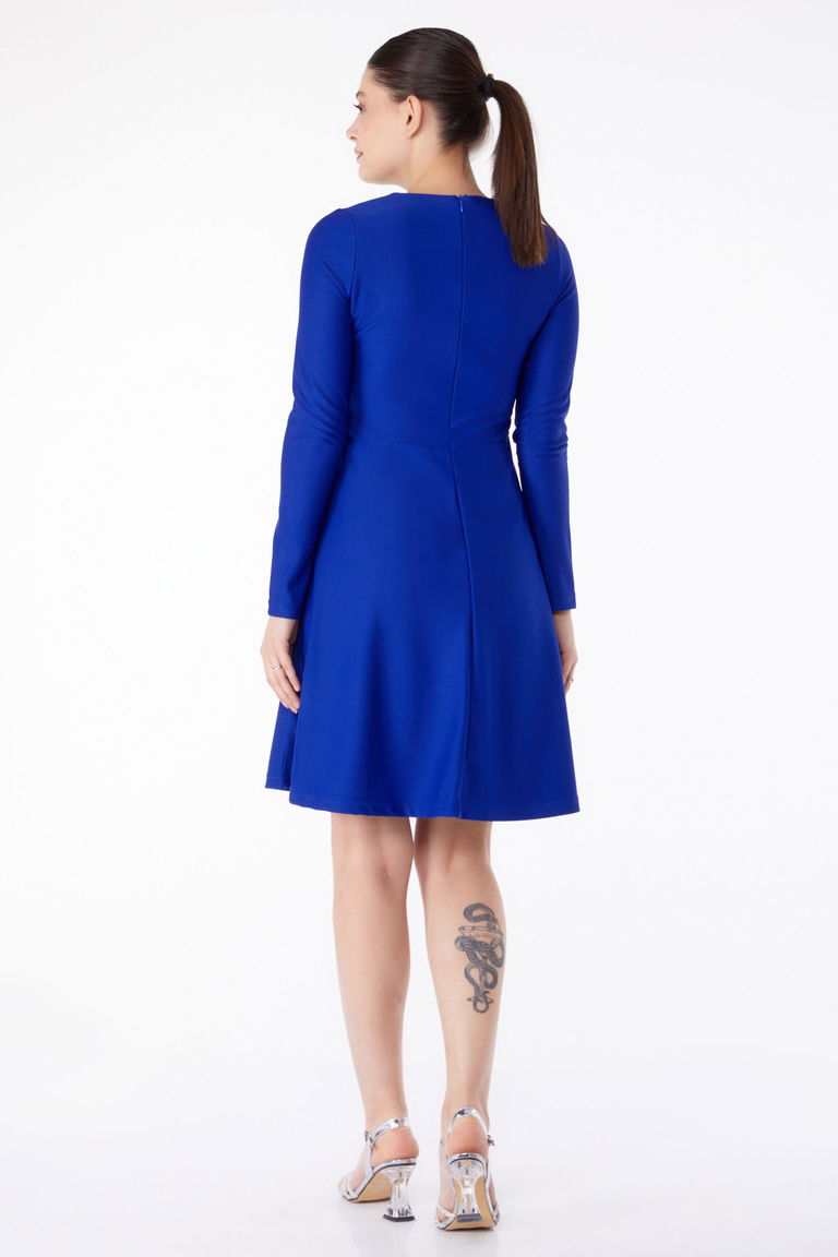 Düz Bisiklet Yaka Kadın Saks Mini Abiye Elbise - 13191 - TOFİSA