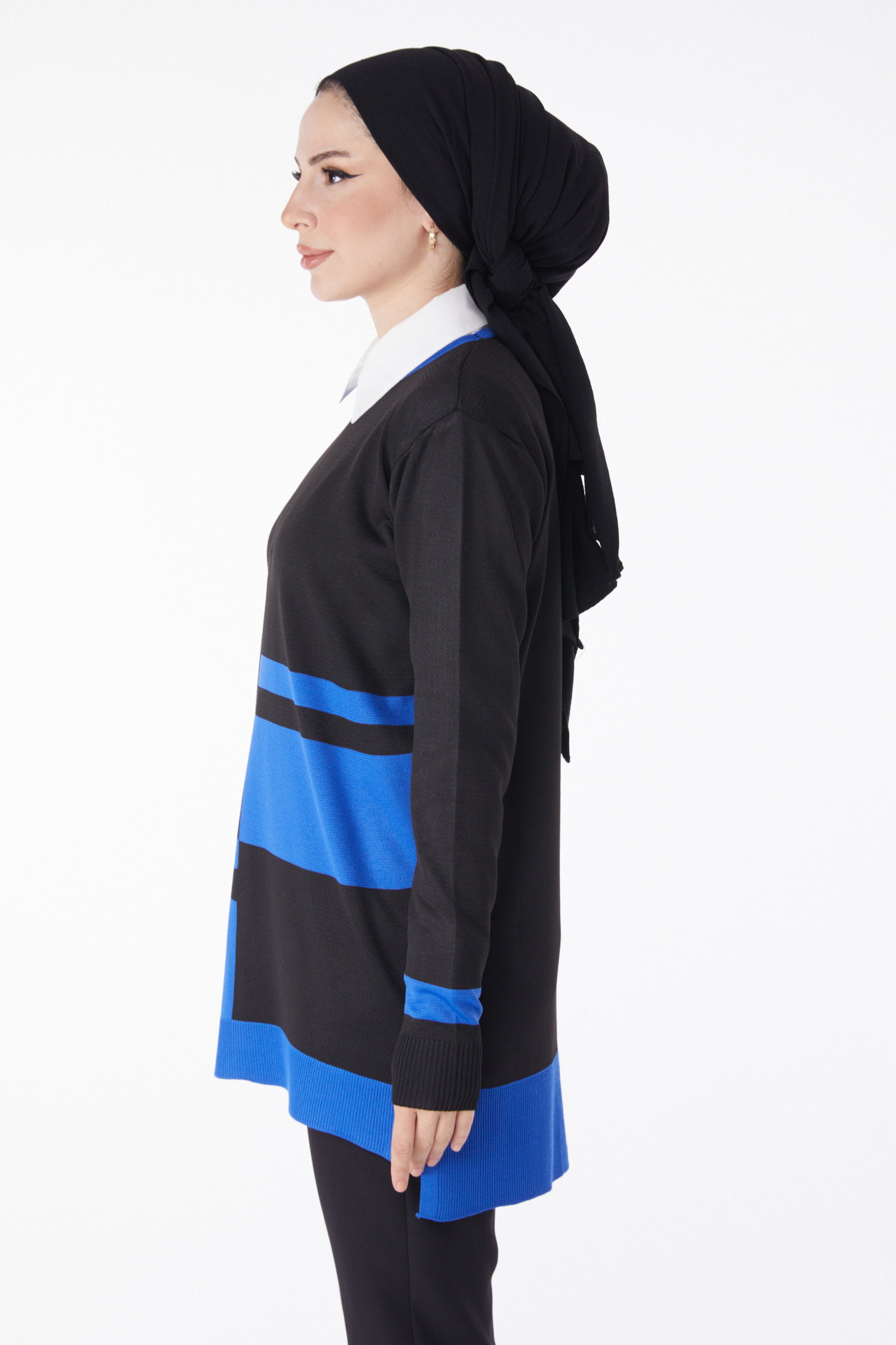 Düz Bisiklet Yaka Kadın Saks Parçalı Triko Tunik - 25239 - 4
