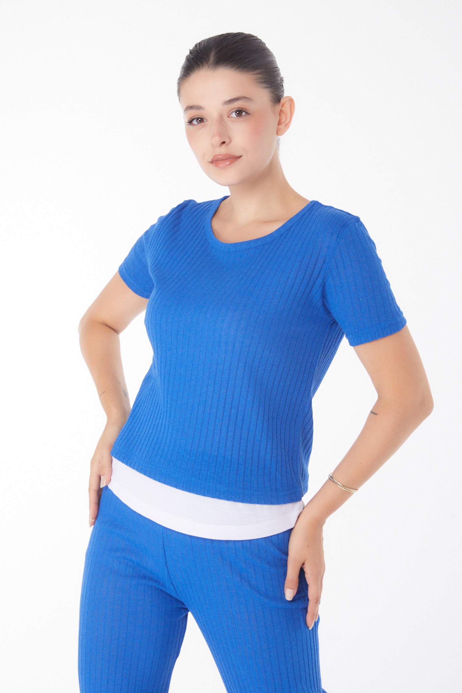 Düz Bisiklet Yaka Kadın Saks T-shirt Pantolon İkili Takım - 25952 - 1