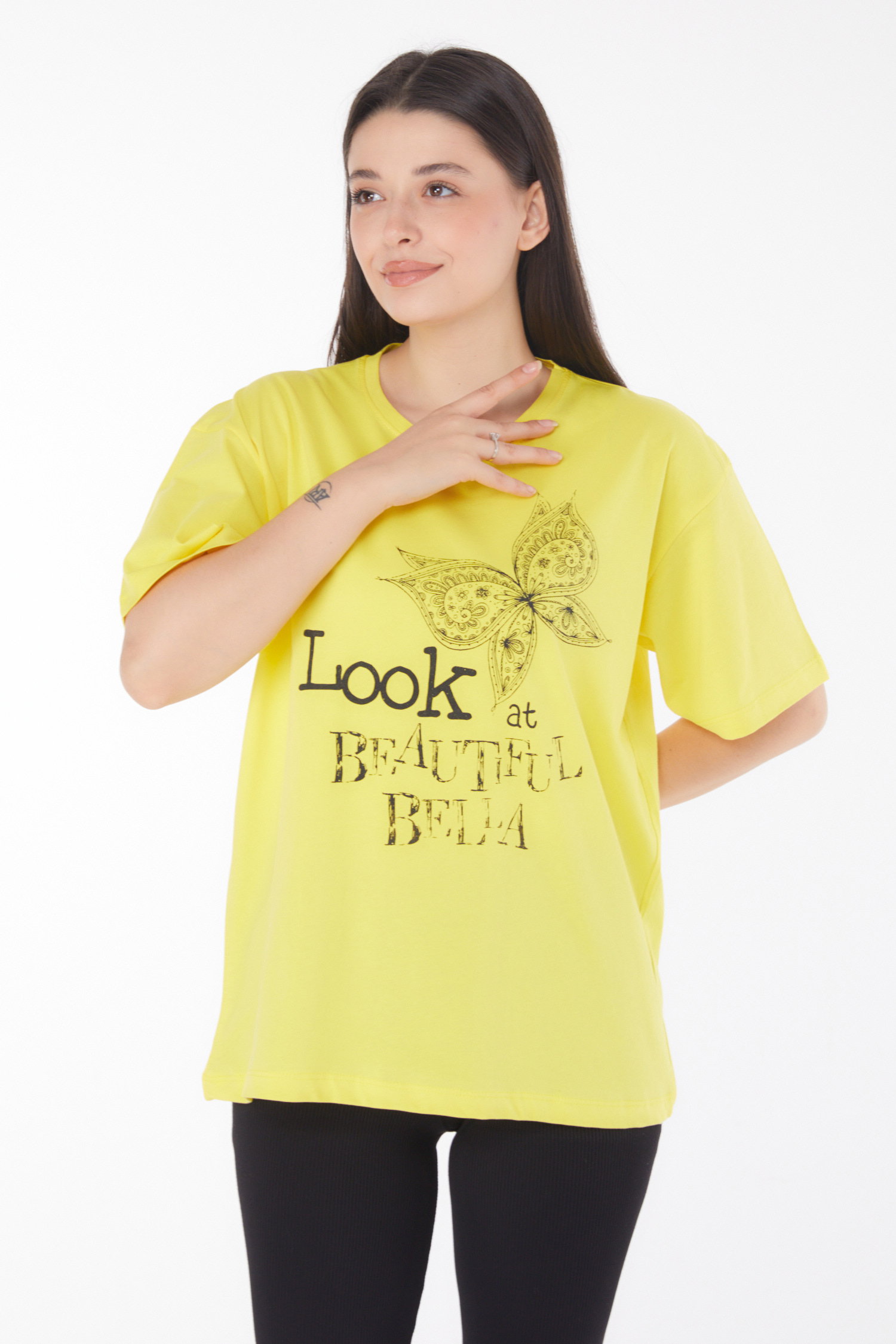 Baskılı Kısa Kollu T-shirt Sari - 25766 - 1