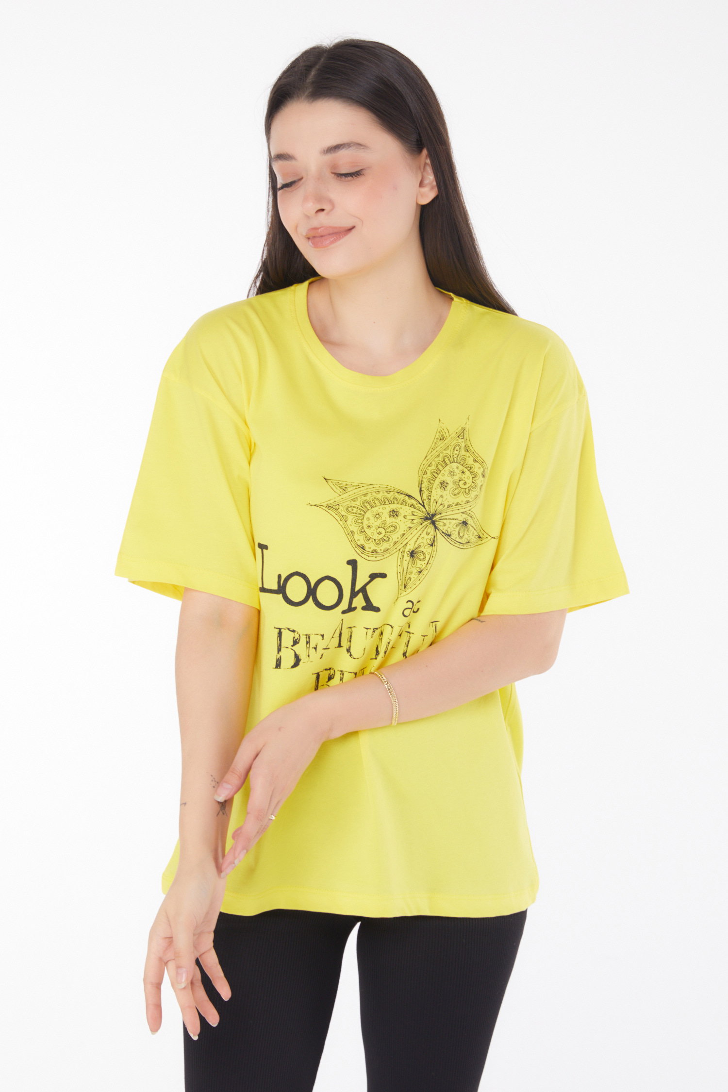 Baskılı Kısa Kollu T-shirt Sari - 25766 - 2