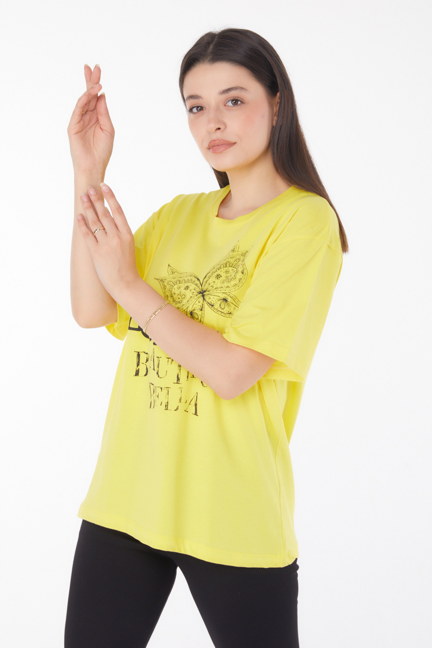 Baskılı Kısa Kollu T-shirt Sari - 25766 - 3