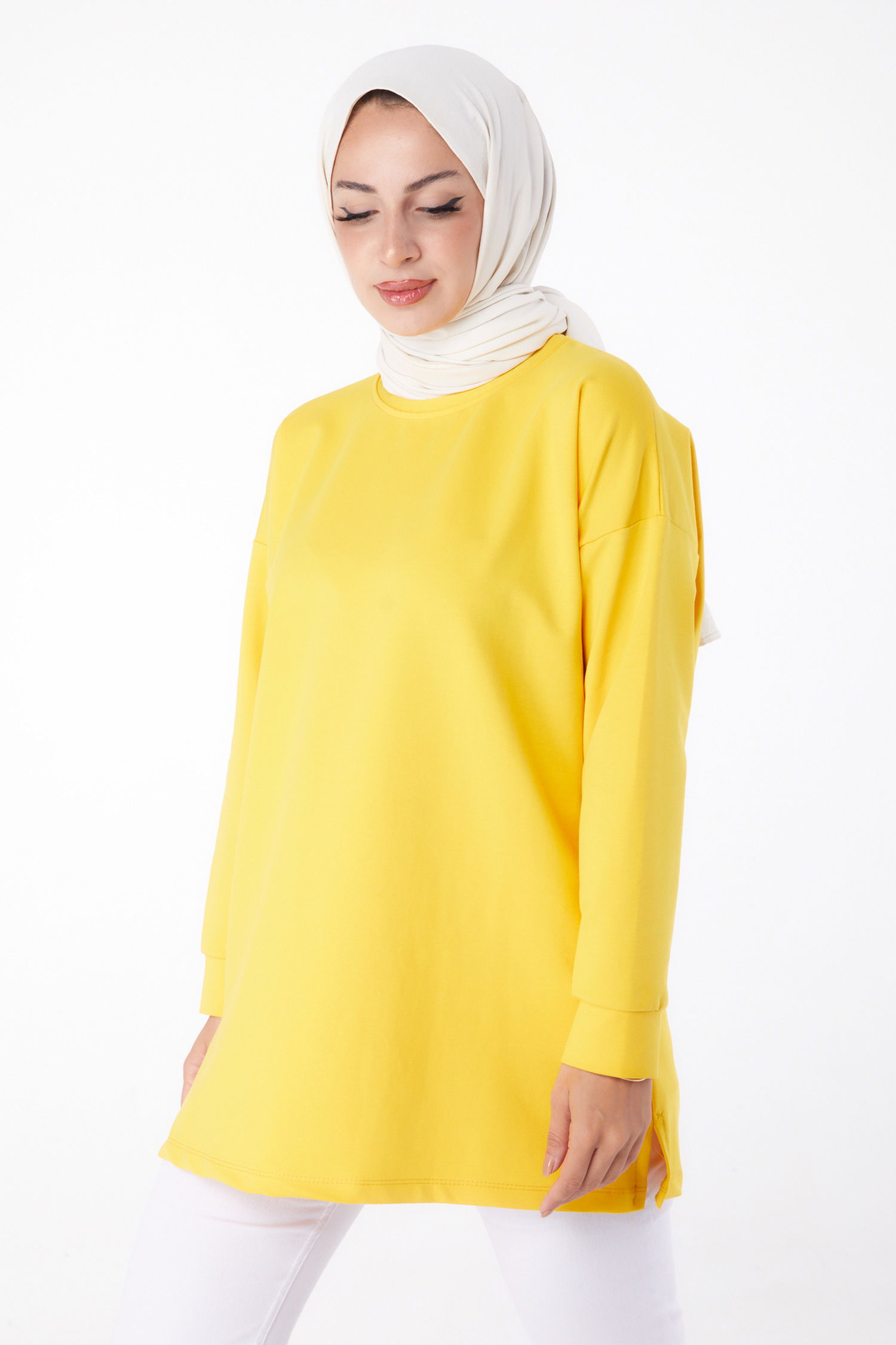 Düz Bisiklet Yaka Kadın Sari Baskılı Sweat - 26239 - 2