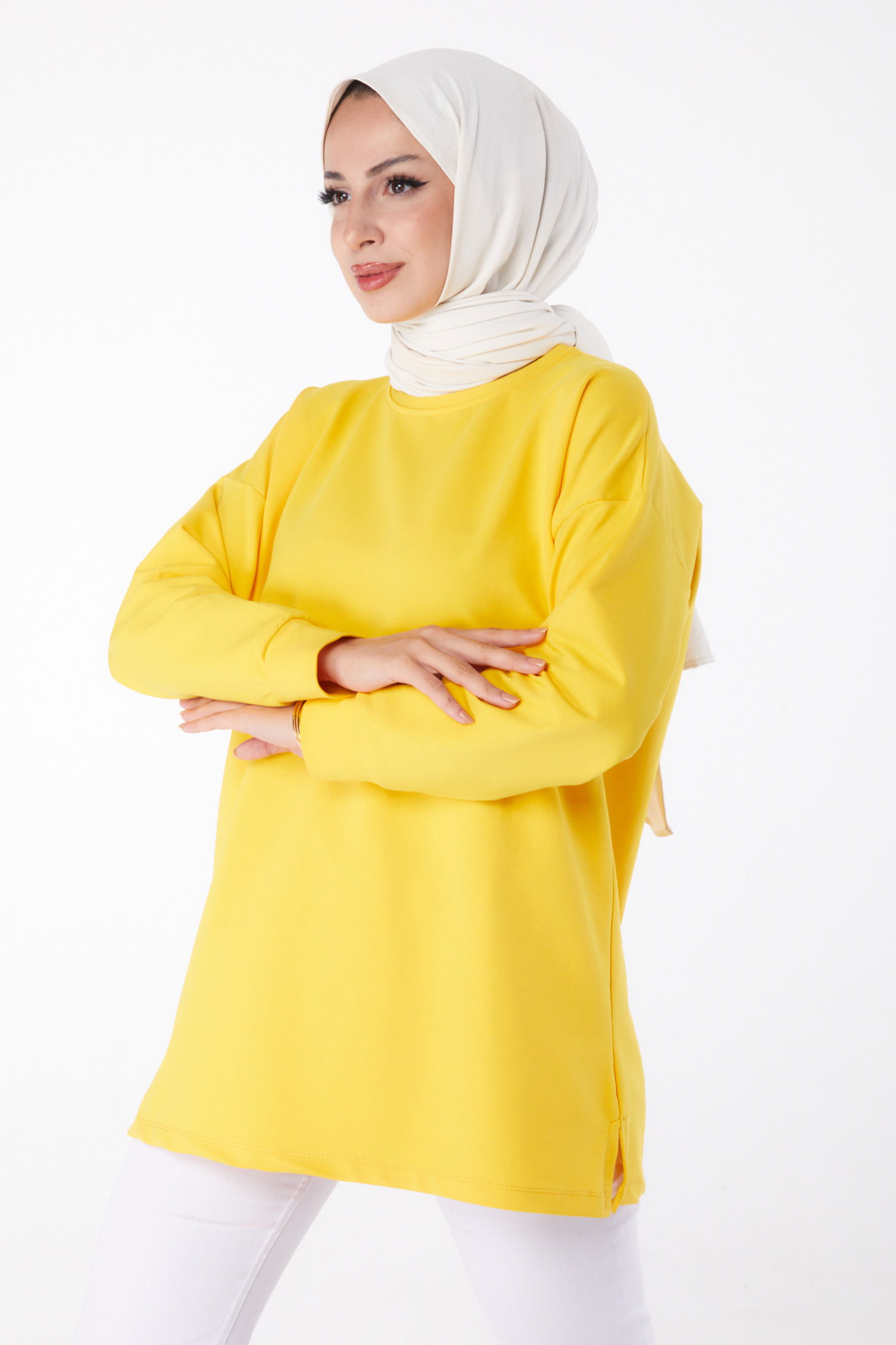 Düz Bisiklet Yaka Kadın Sari Baskılı Sweat - 26239 - 8
