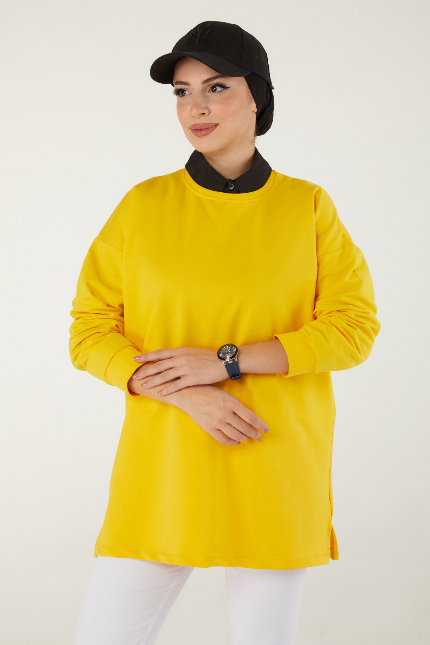 Düz Bisiklet Yaka Kadın Sari Baskılı Sweat - 26239 - 7