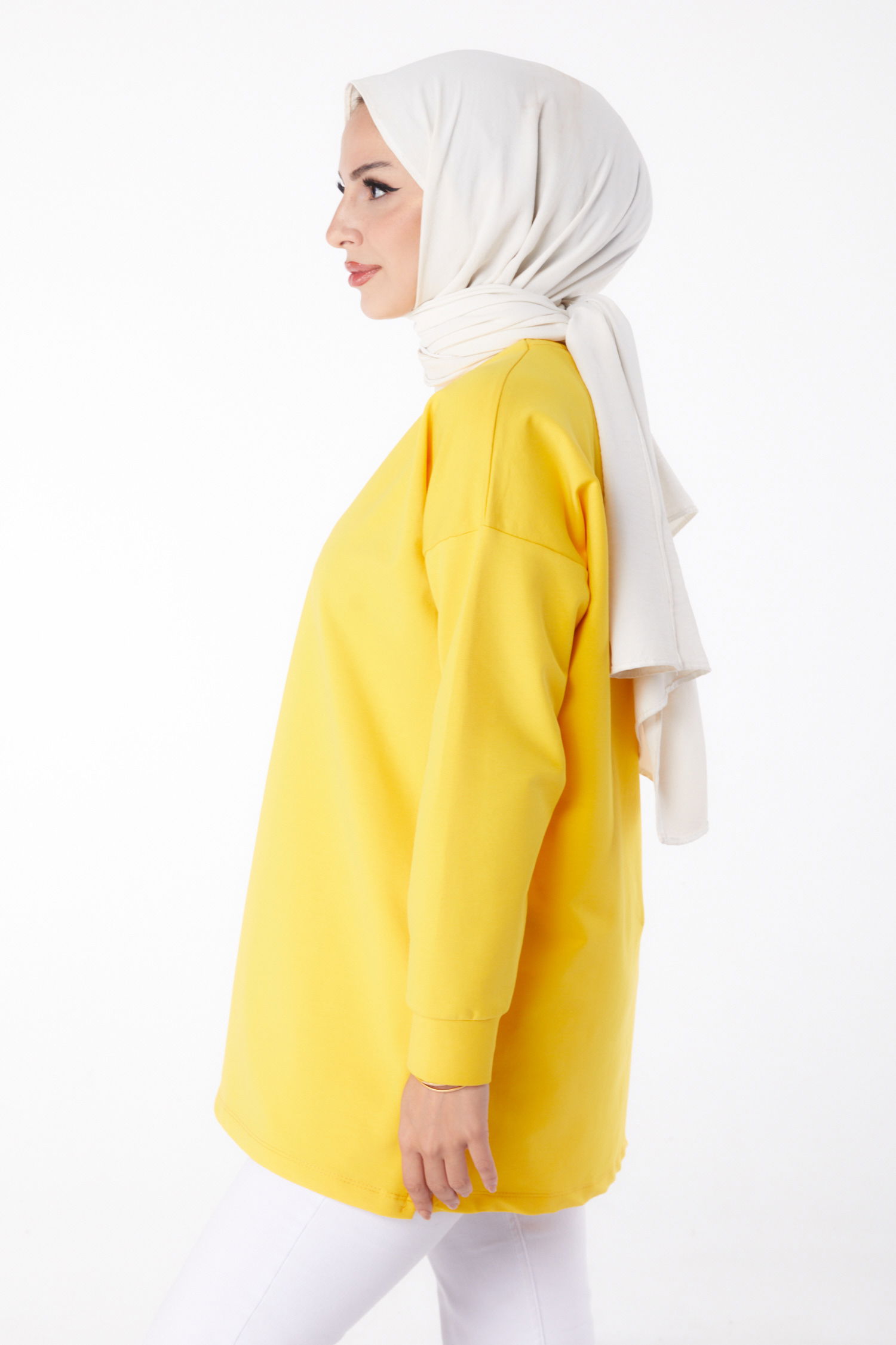 Düz Bisiklet Yaka Kadın Sari Baskılı Sweat - 26239 - 4