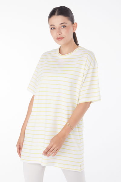 Düz Bisiklet Yaka Kadın Sari Çizgili Kısa Kollu T-shirt - 25765 