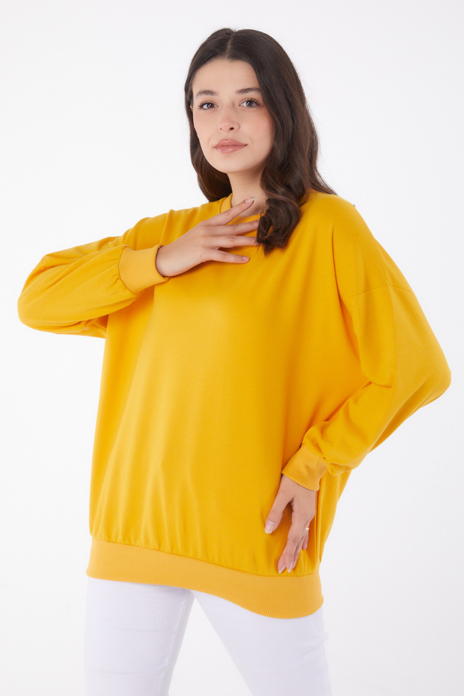 Düz Bisiklet Yaka Kadın Sari Manşetli Sweatshirt - 26046 - 1