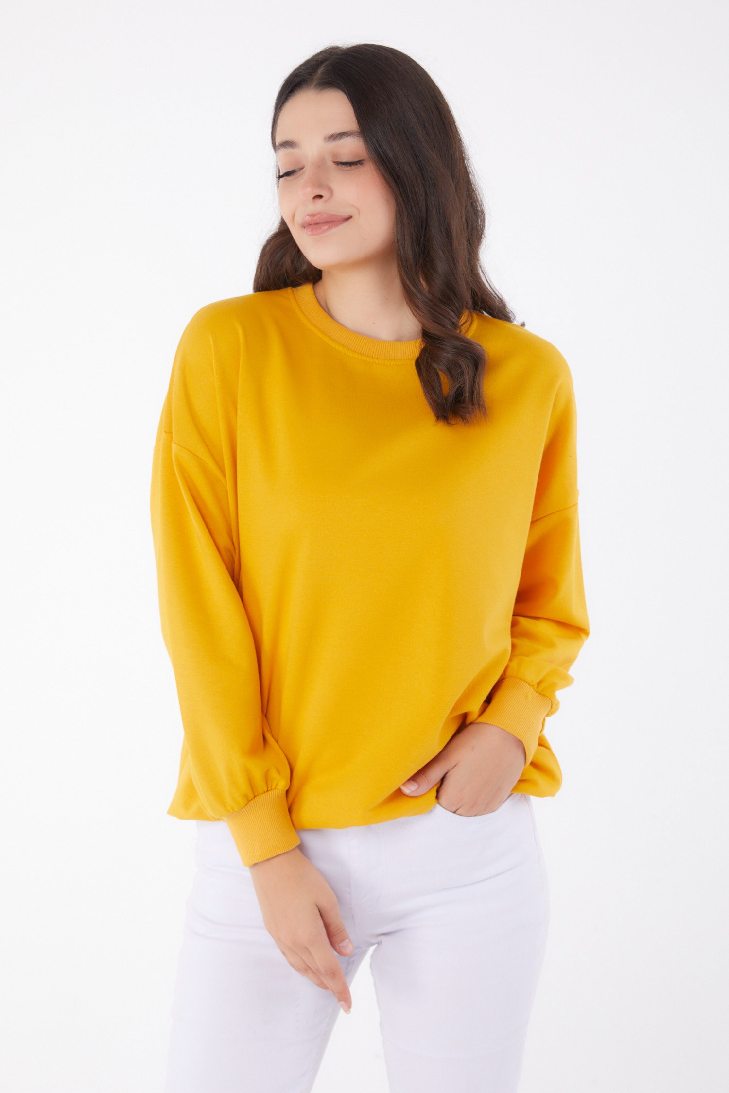 Düz Bisiklet Yaka Kadın Sari Manşetli Sweatshirt - 26046 - 2