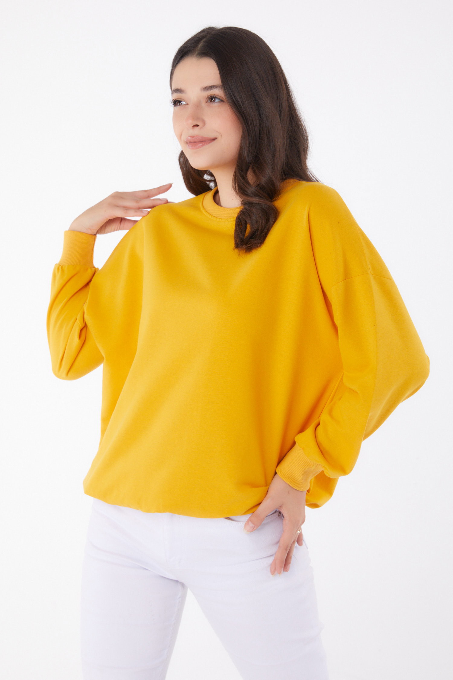 Düz Bisiklet Yaka Kadın Sari Manşetli Sweatshirt - 26046 - 3