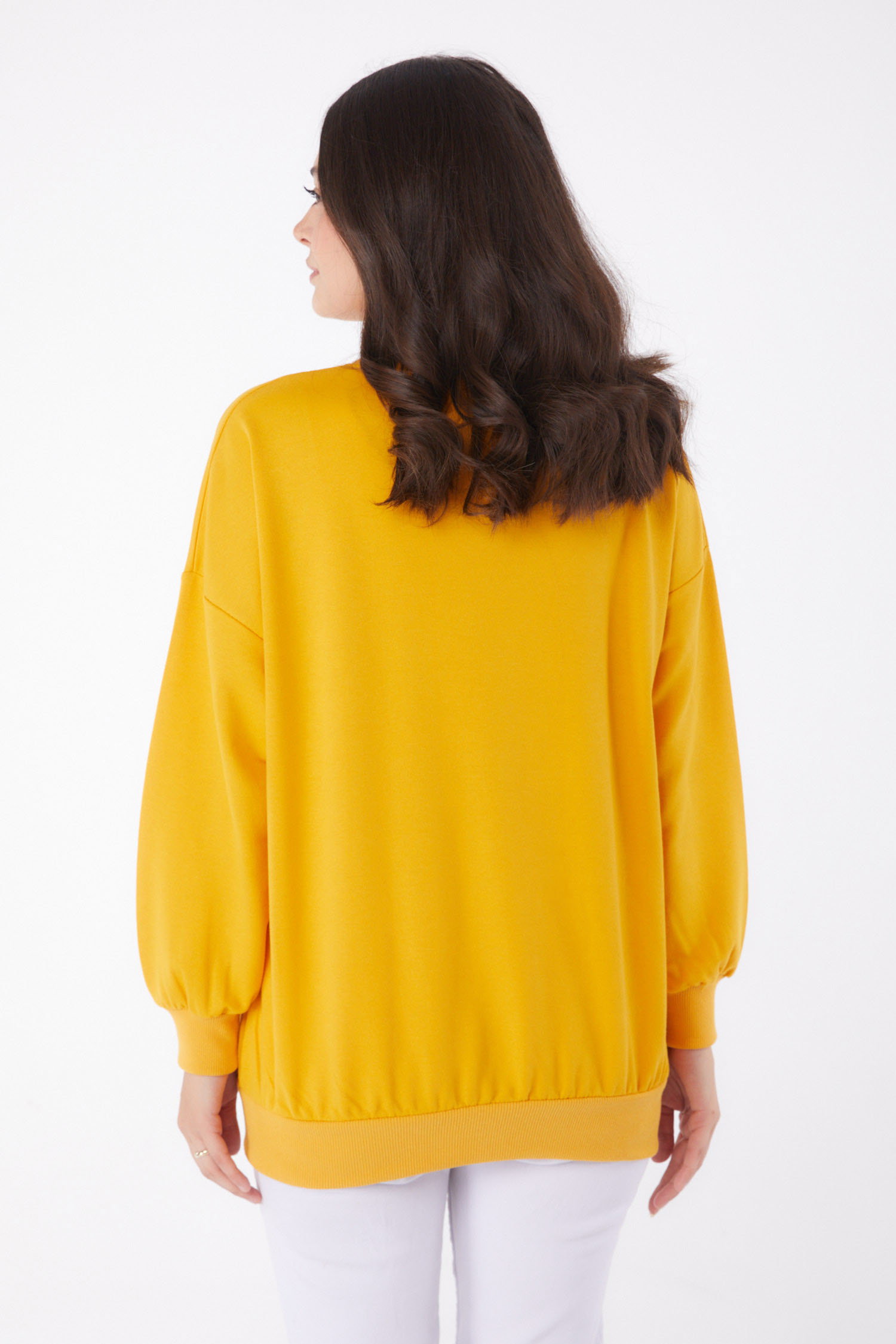 Düz Bisiklet Yaka Kadın Sari Manşetli Sweatshirt - 26046 - 5