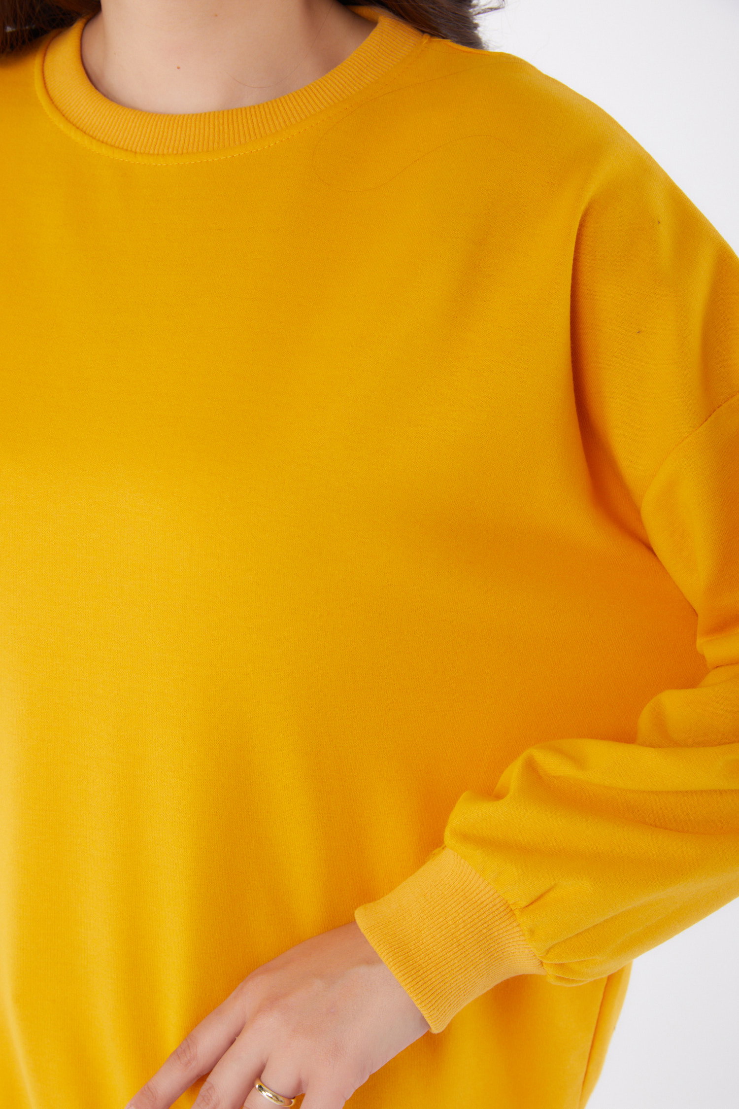Düz Bisiklet Yaka Kadın Sari Manşetli Sweatshirt - 26046 - 6
