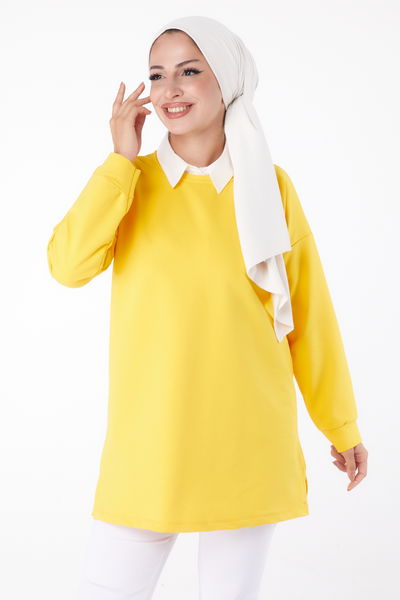 Düz Bisiklet Yaka Kadın Sari T-Shirt - 24189 