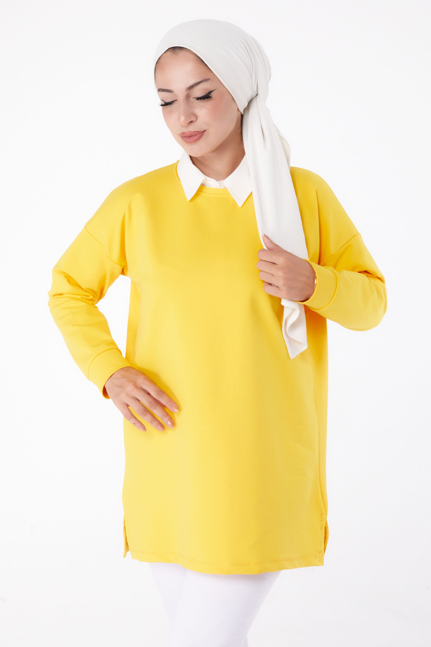 Düz Bisiklet Yaka Kadın Sari T-Shirt - 24189 - 2