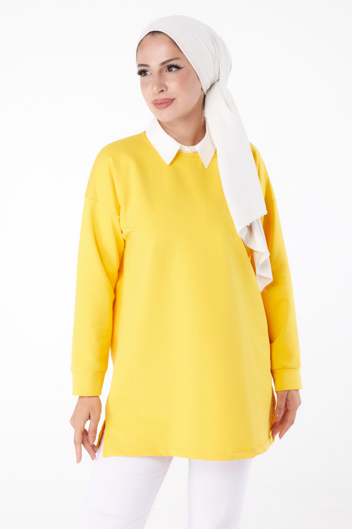 Düz Bisiklet Yaka Kadın Sari T-Shirt - 24189 - 3