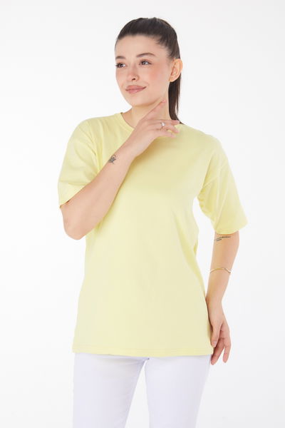 Düz Bisiklet Yaka Kadın Sari T-Shirt - 25849 
