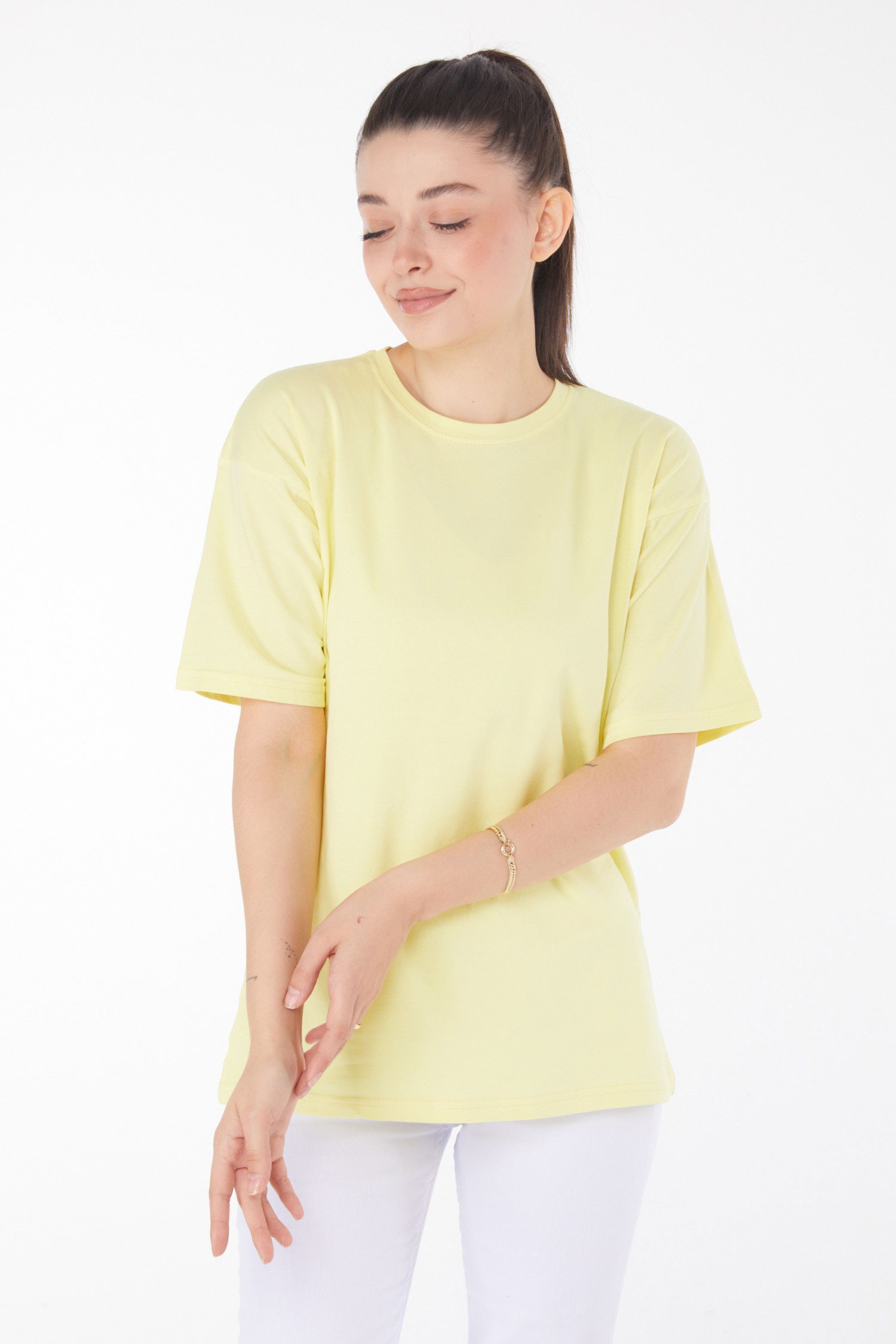 Düz Bisiklet Yaka Kadın Sari T-Shirt - 25849 - 2