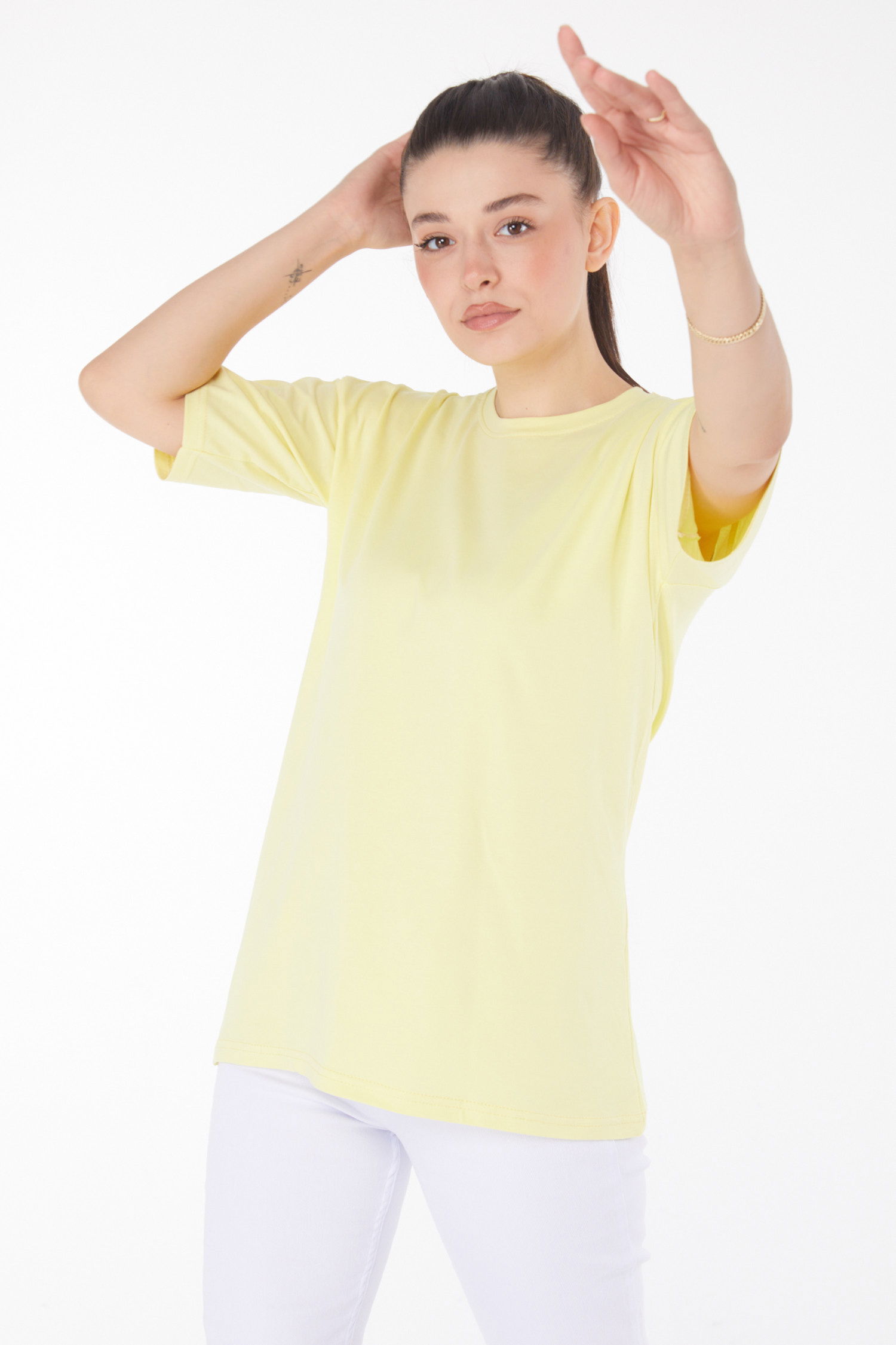 Düz Bisiklet Yaka Kadın Sari T-Shirt - 25849 - 3