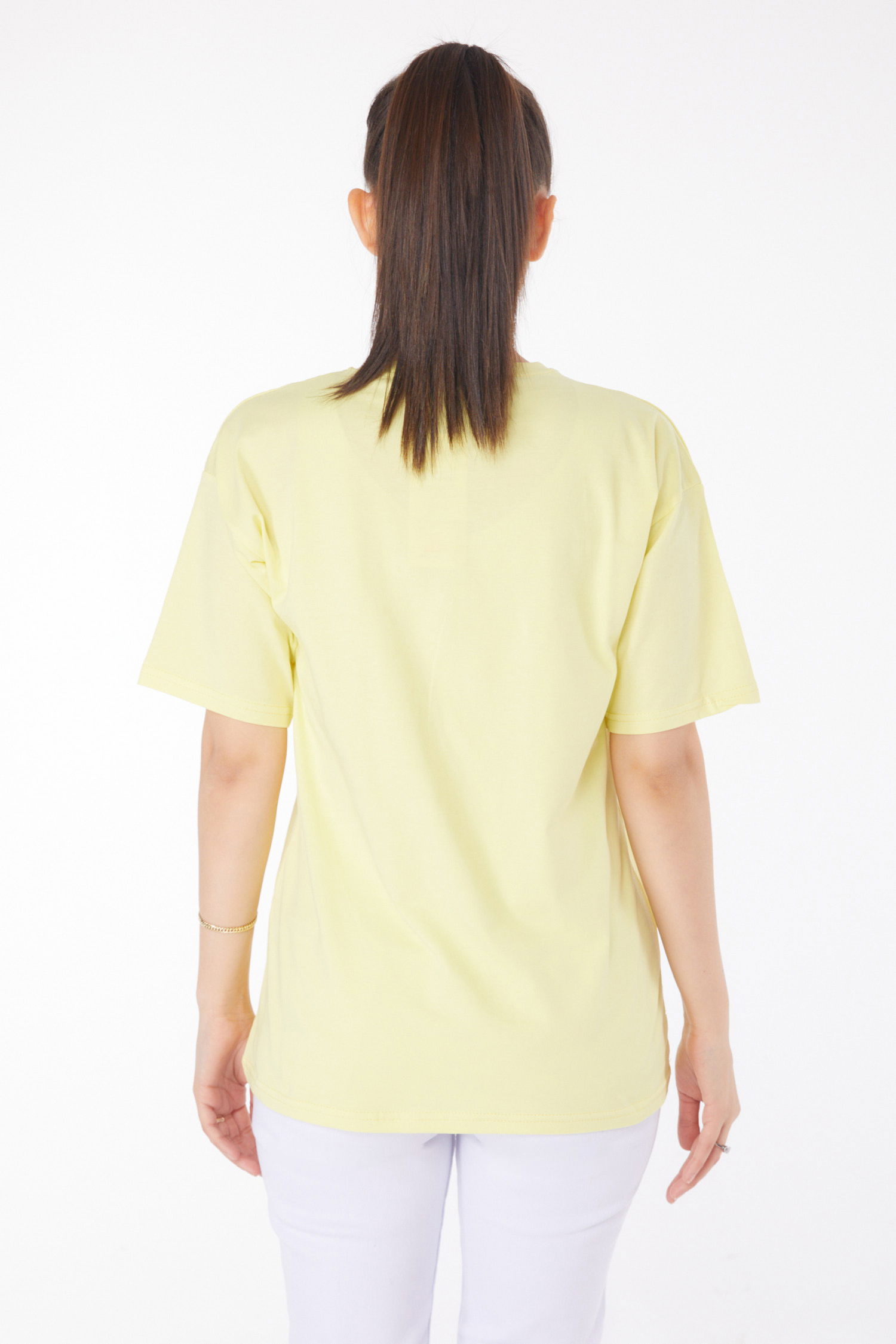 Düz Bisiklet Yaka Kadın Sari T-Shirt - 25849 - 5