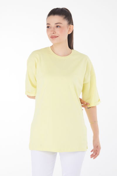 Düz Bisiklet Yaka Kadın Sari T-Shirt - 25850 
