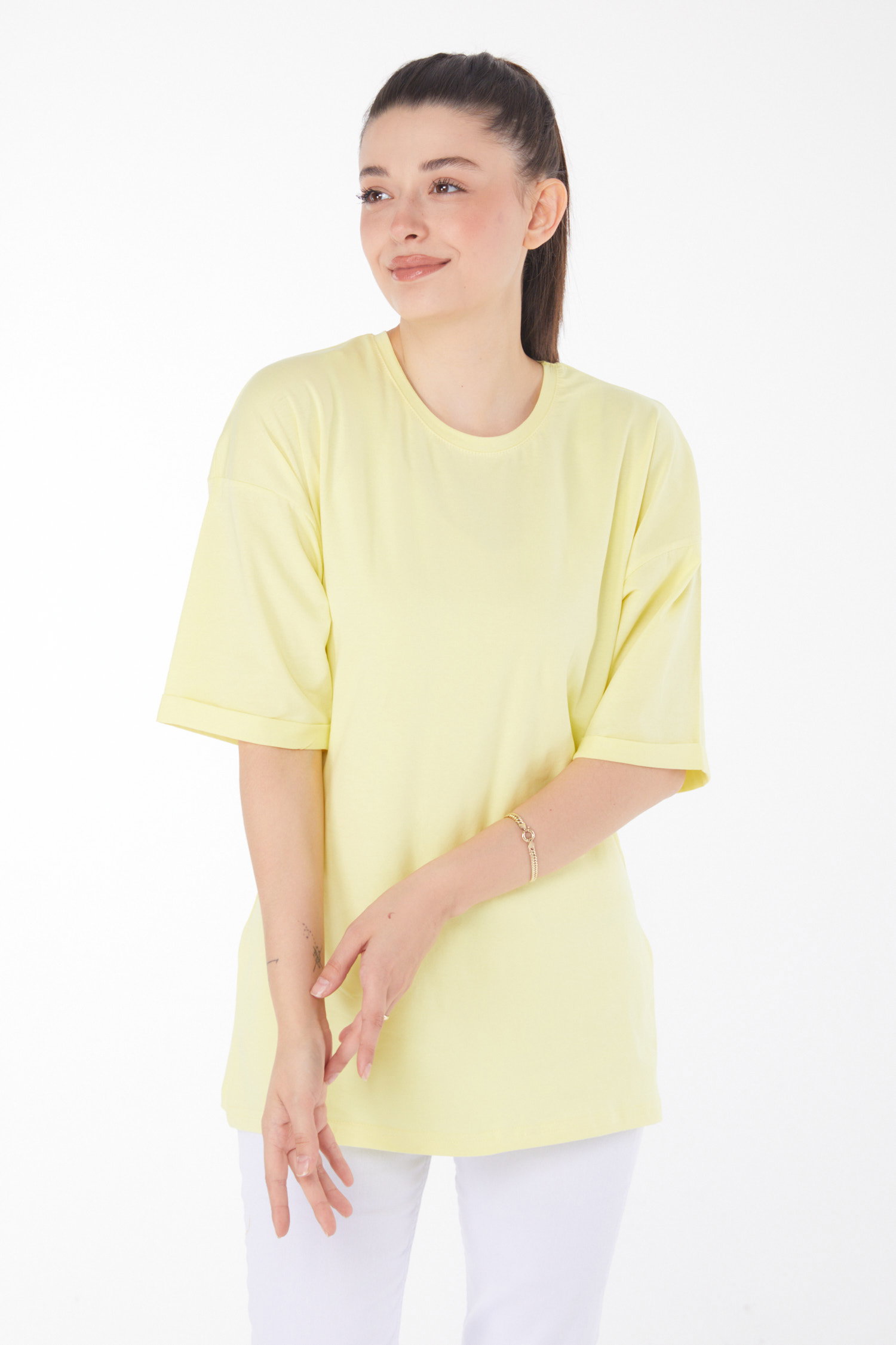 Düz Bisiklet Yaka Kadın Sari T-Shirt - 25850 - 2