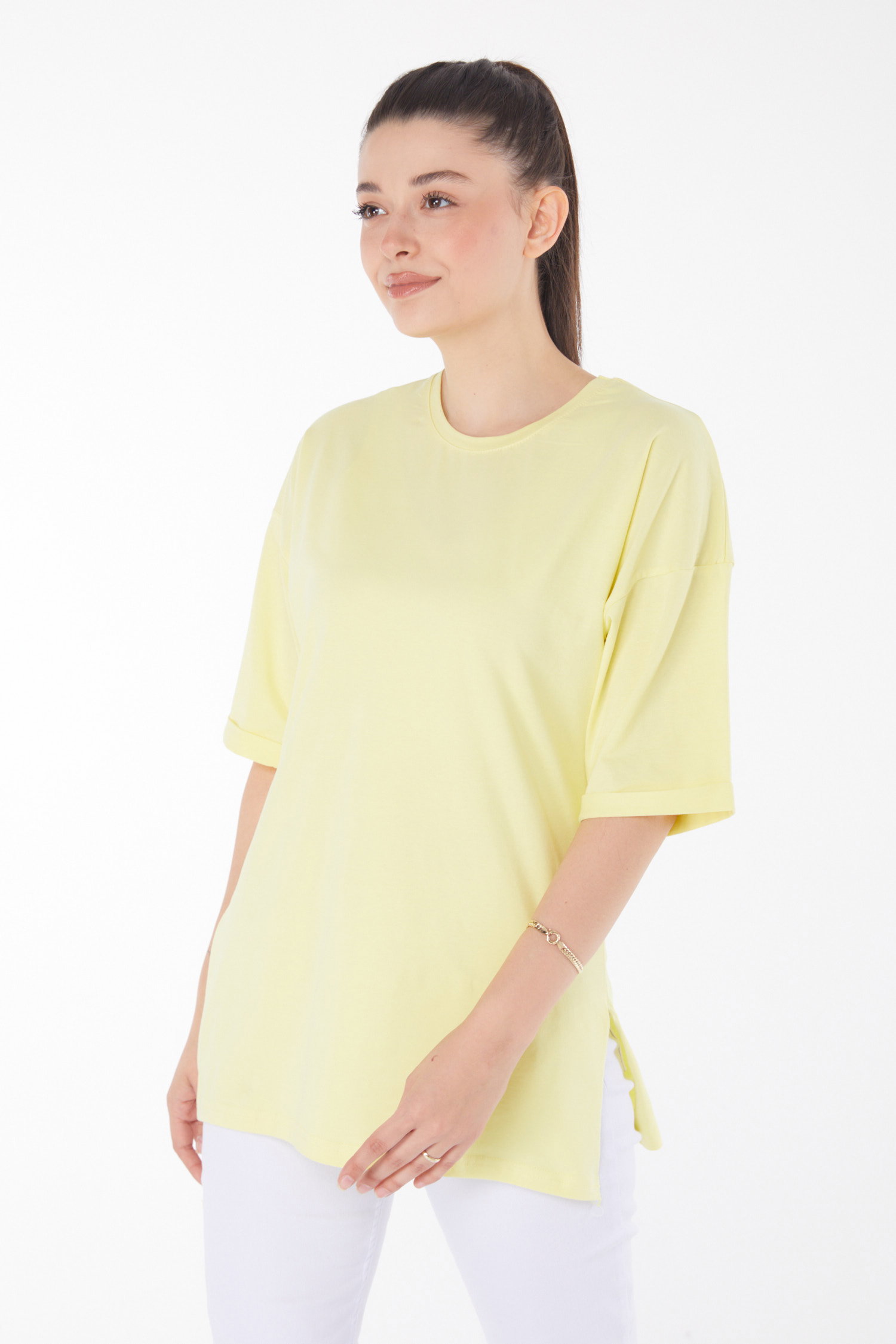 Düz Bisiklet Yaka Kadın Sari T-Shirt - 25850 - 3