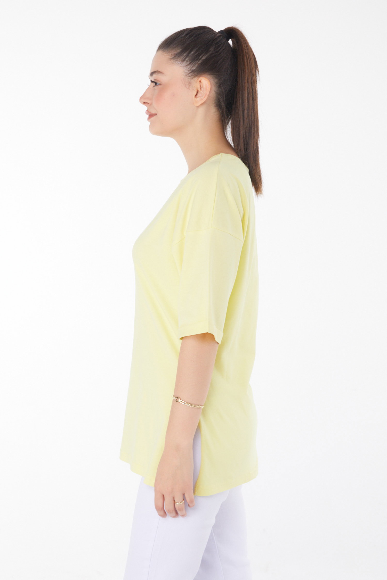 Düz Bisiklet Yaka Kadın Sari T-Shirt - 25850 - 4