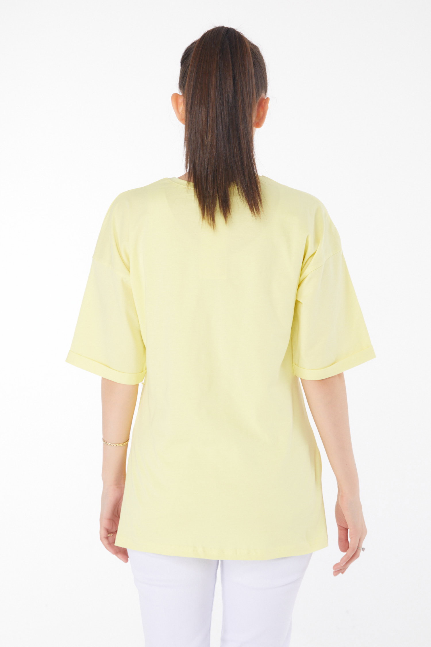 Düz Bisiklet Yaka Kadın Sari T-Shirt - 25850 - 5