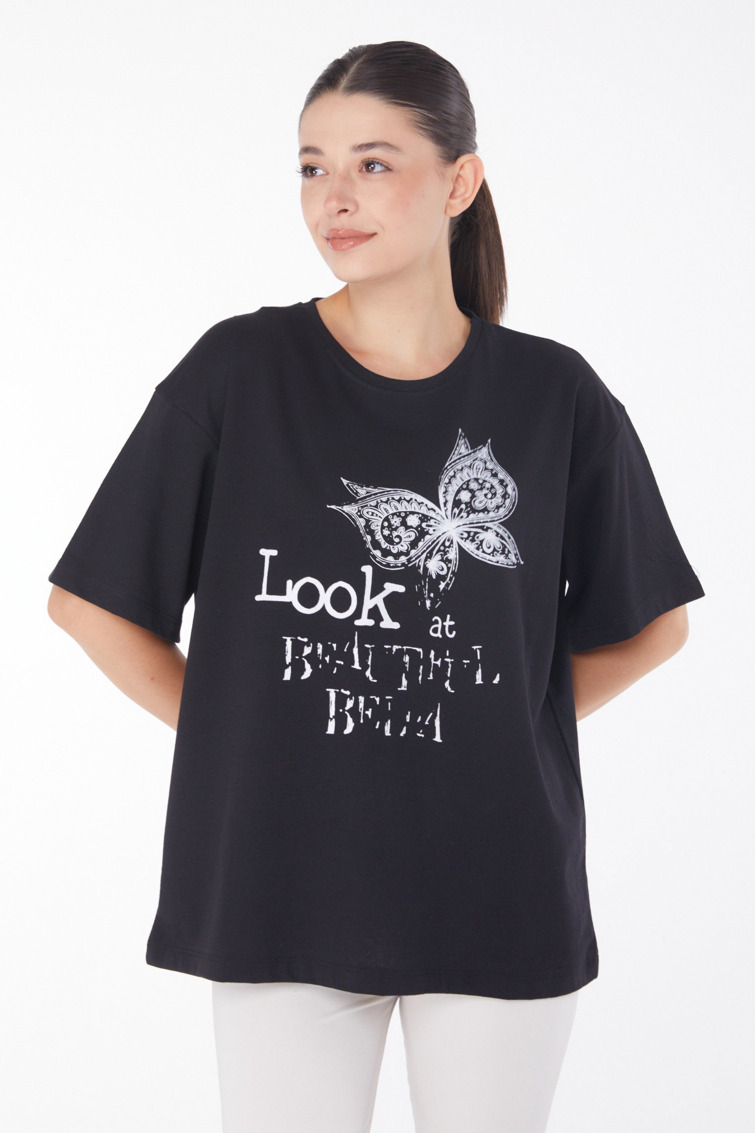 Düz Bisiklet Yaka Kadın Siyah Baskılı Kısa Kollu T-shirt - 25766 - 1