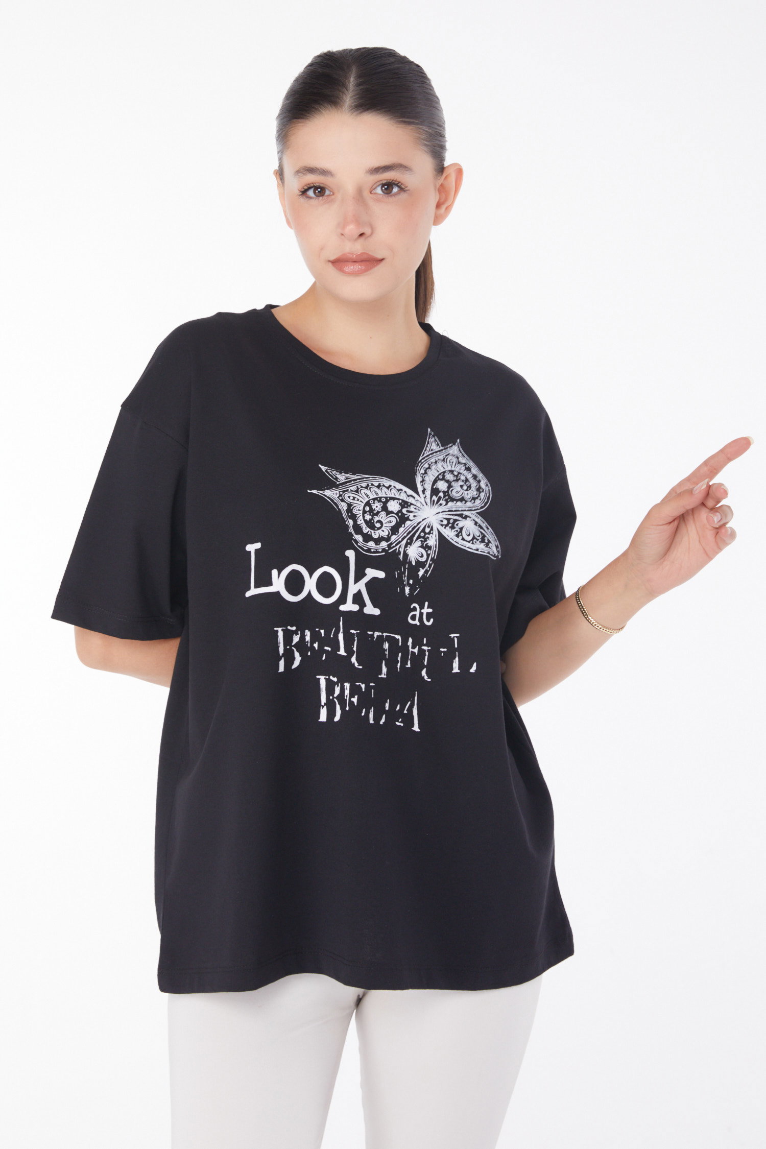Düz Bisiklet Yaka Kadın Siyah Baskılı Kısa Kollu T-shirt - 25766 - 2