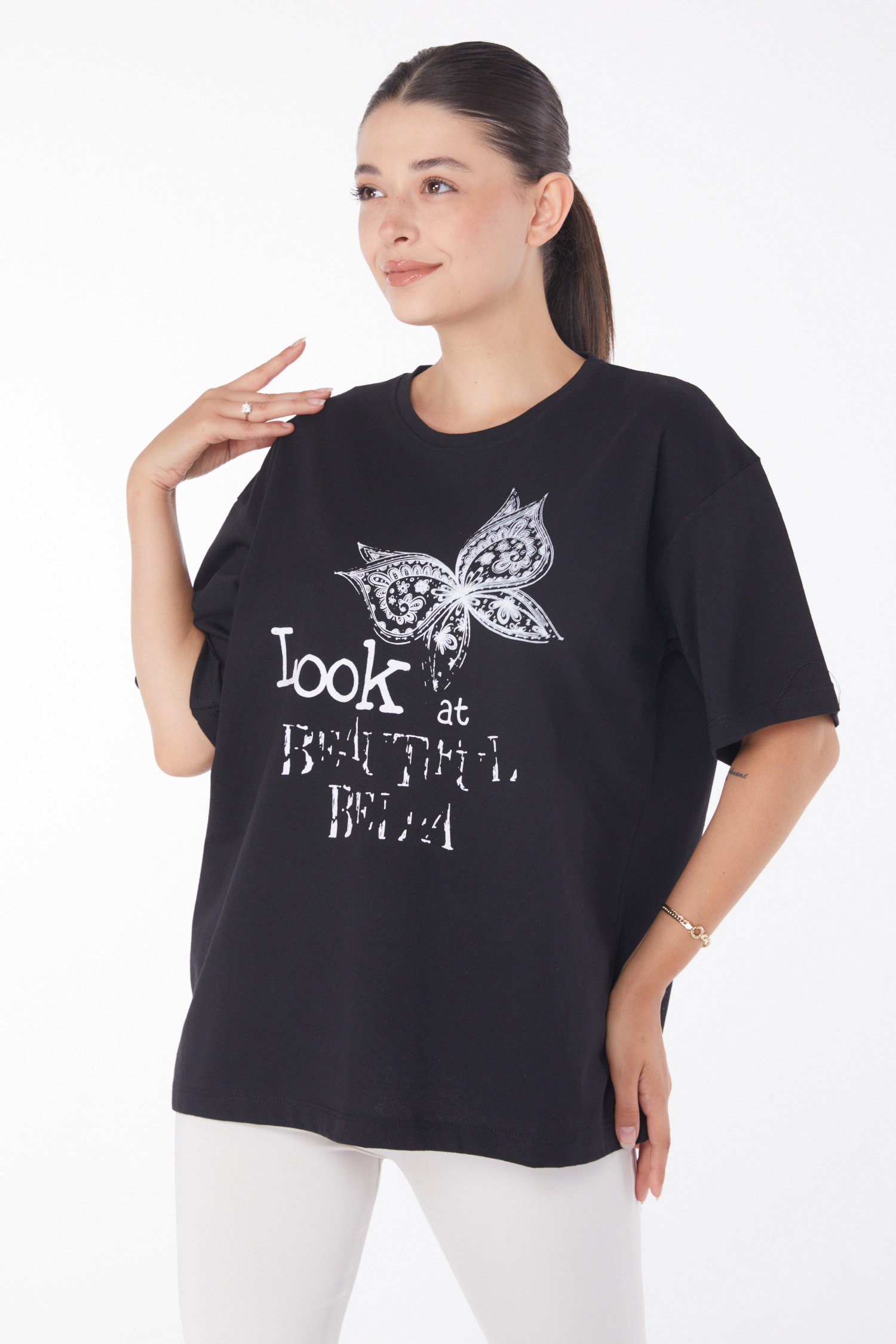 Düz Bisiklet Yaka Kadın Siyah Baskılı Kısa Kollu T-shirt - 25766 - 3