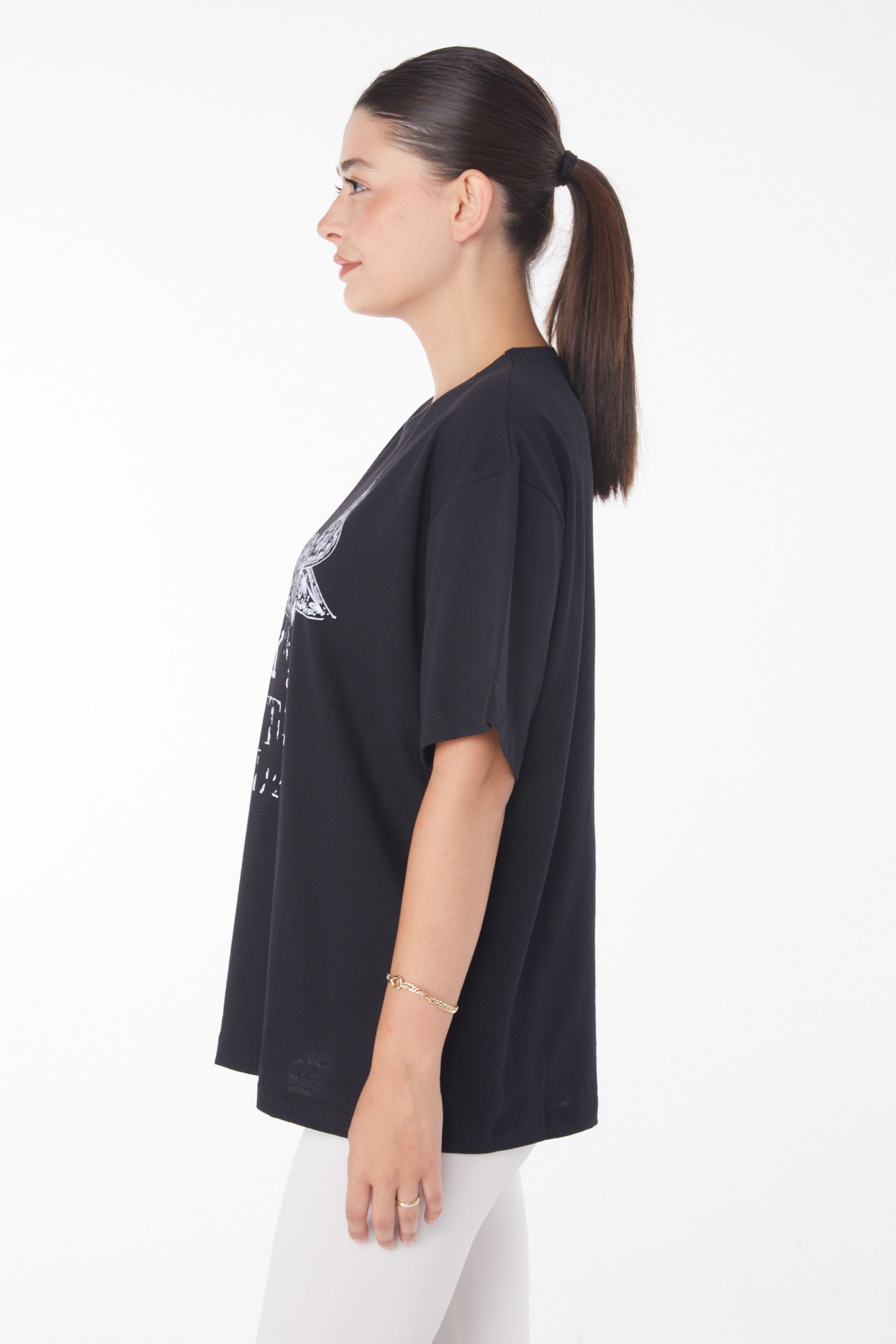 Düz Bisiklet Yaka Kadın Siyah Baskılı Kısa Kollu T-shirt - 25766 - 4