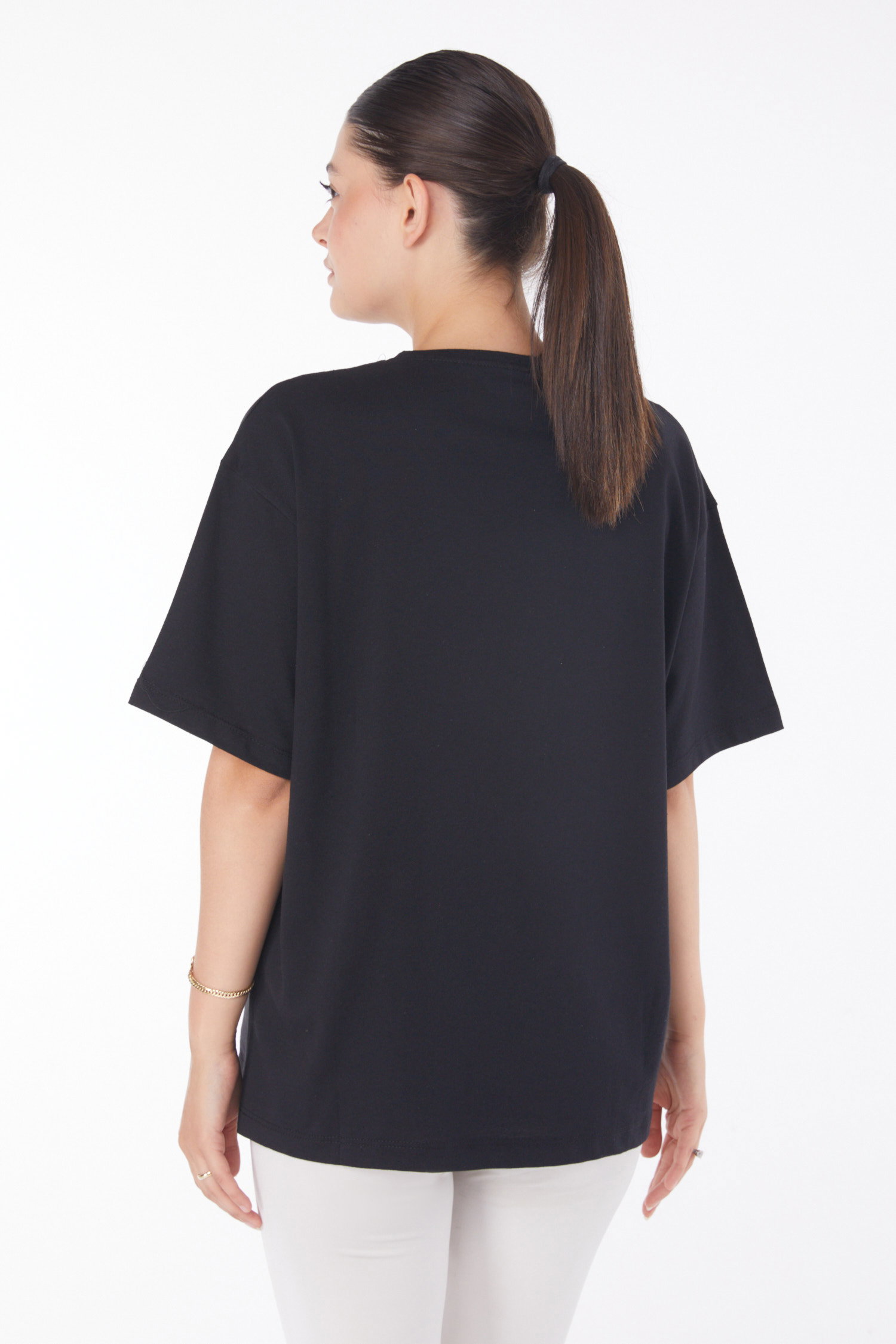Düz Bisiklet Yaka Kadın Siyah Baskılı Kısa Kollu T-shirt - 25766 - 5