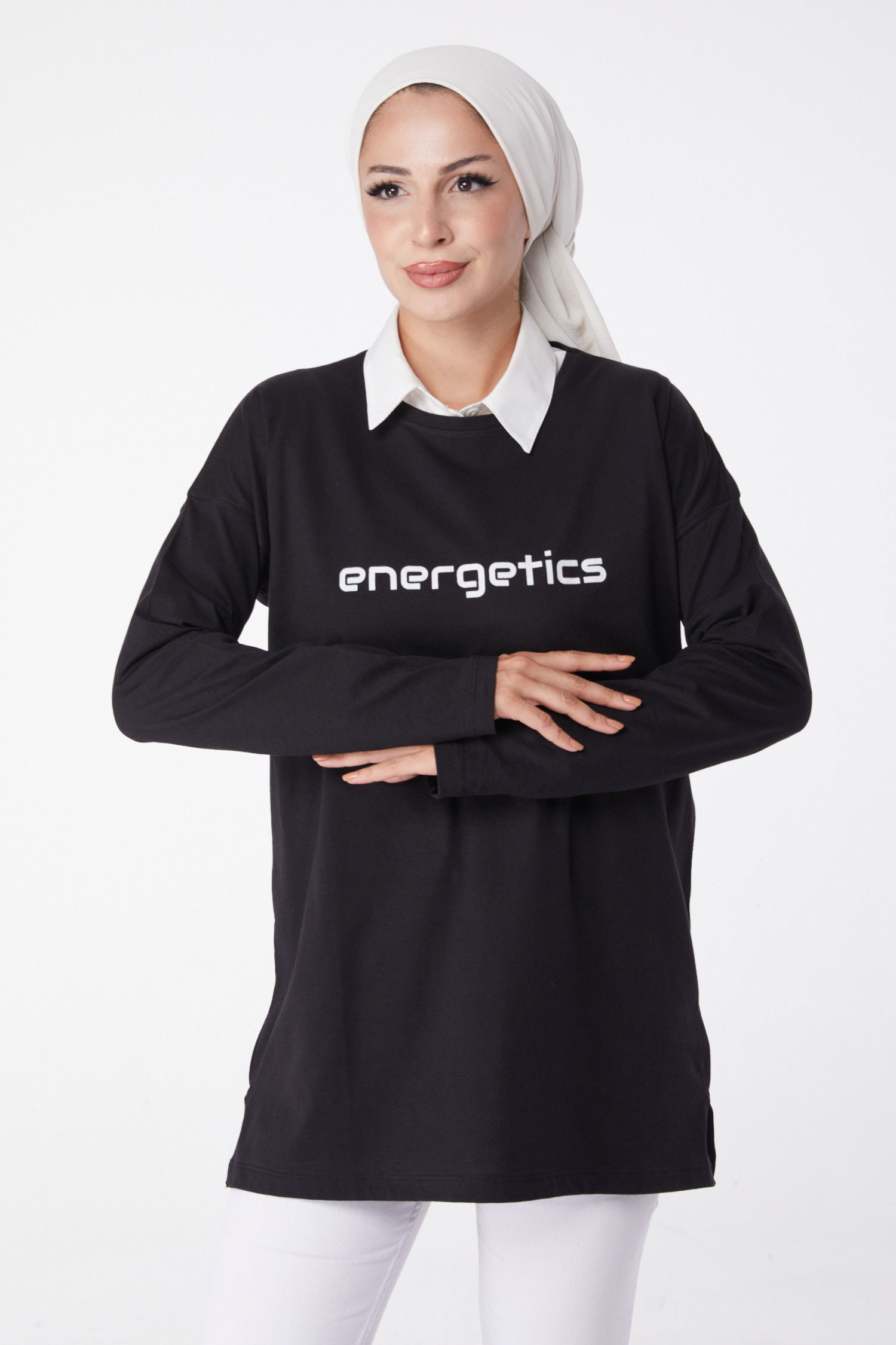 Düz Bisiklet Yaka Kadın Siyah Baskılı Sweat - 26236 - 3