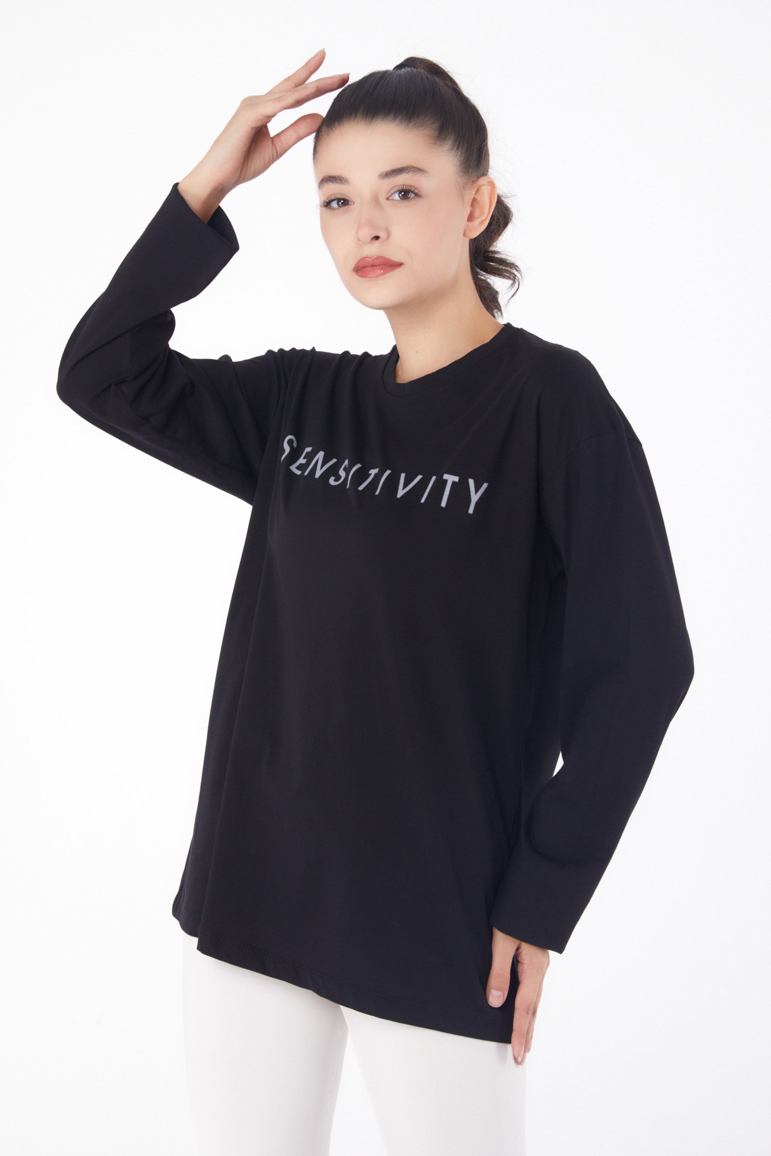 Düz Bisiklet Yaka Kadın Siyah Baskılı Sweat - 26237 - 3