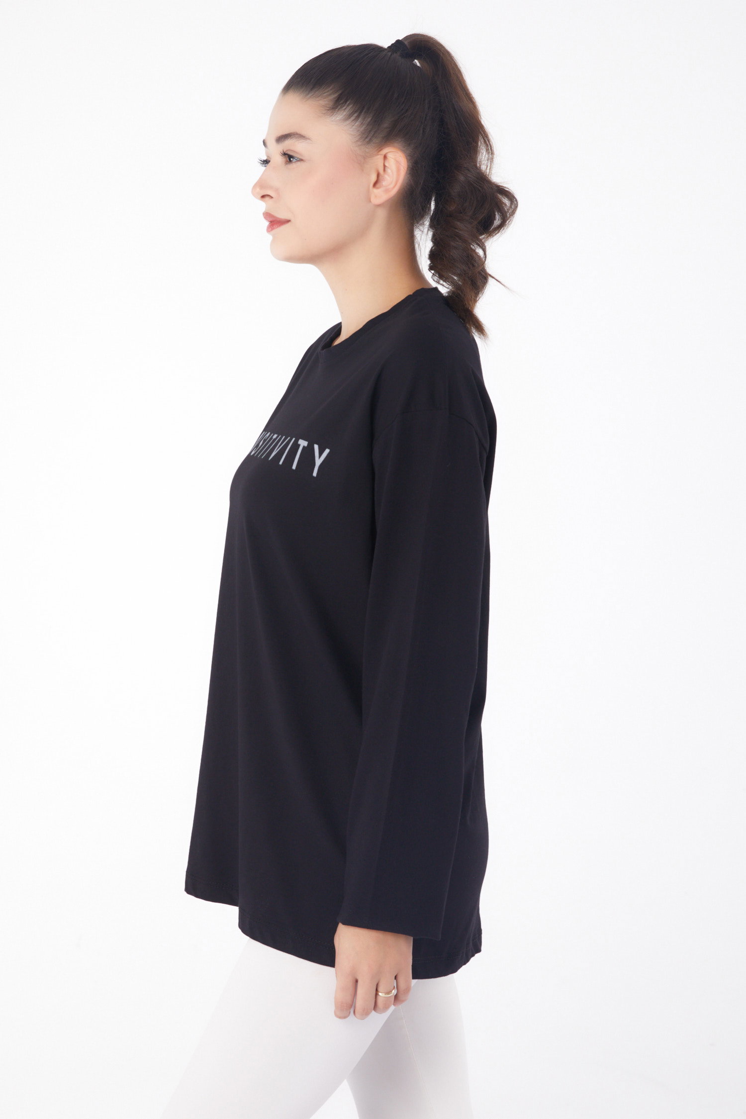 Düz Bisiklet Yaka Kadın Siyah Baskılı Sweat - 26237 - 4