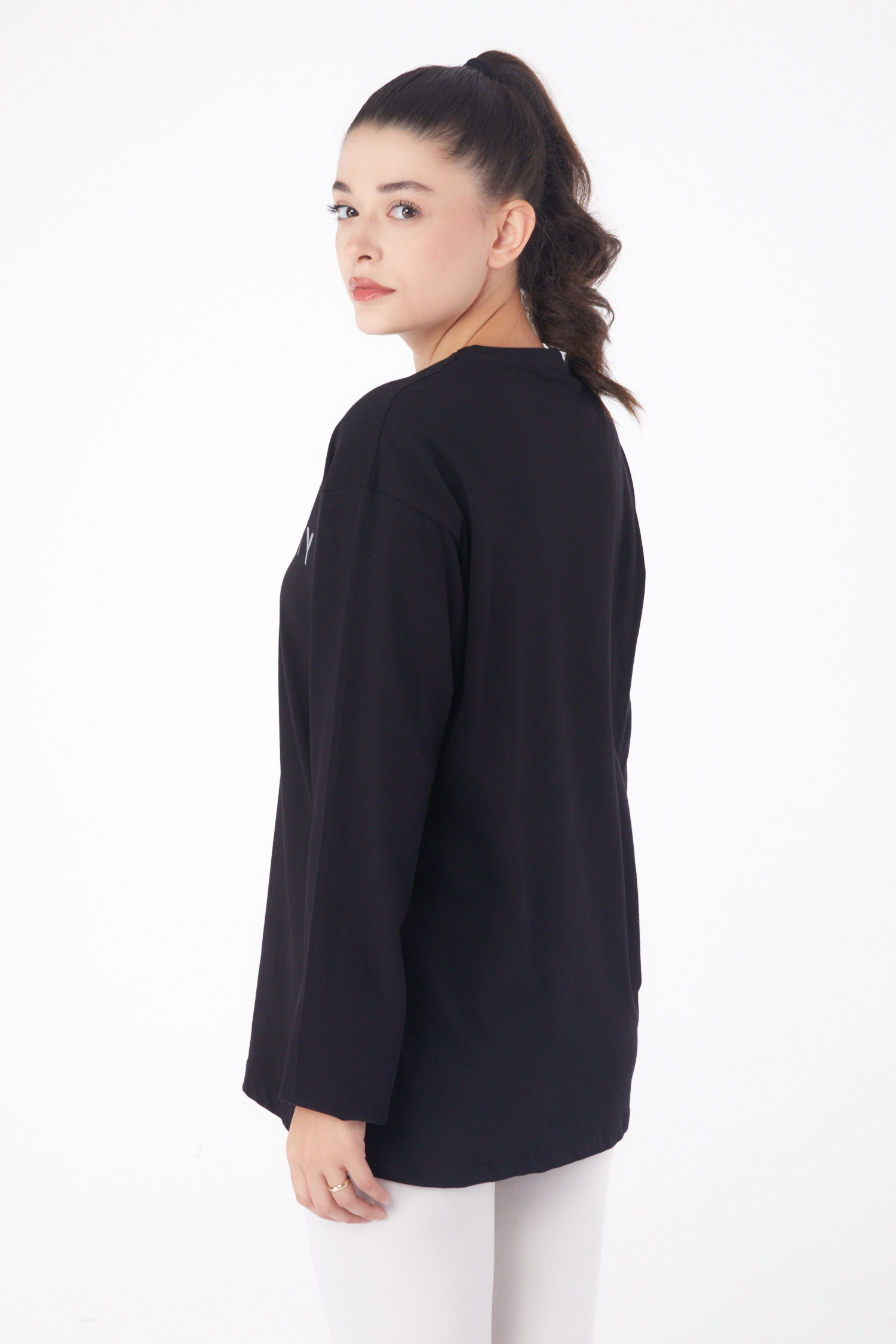 Düz Bisiklet Yaka Kadın Siyah Baskılı Sweat - 26237 - 5