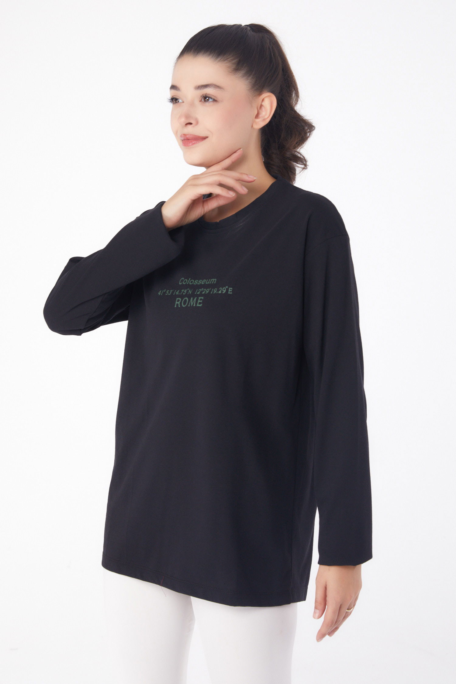 Düz Bisiklet Yaka Kadın Siyah Baskılı Sweat - 26239 - 11