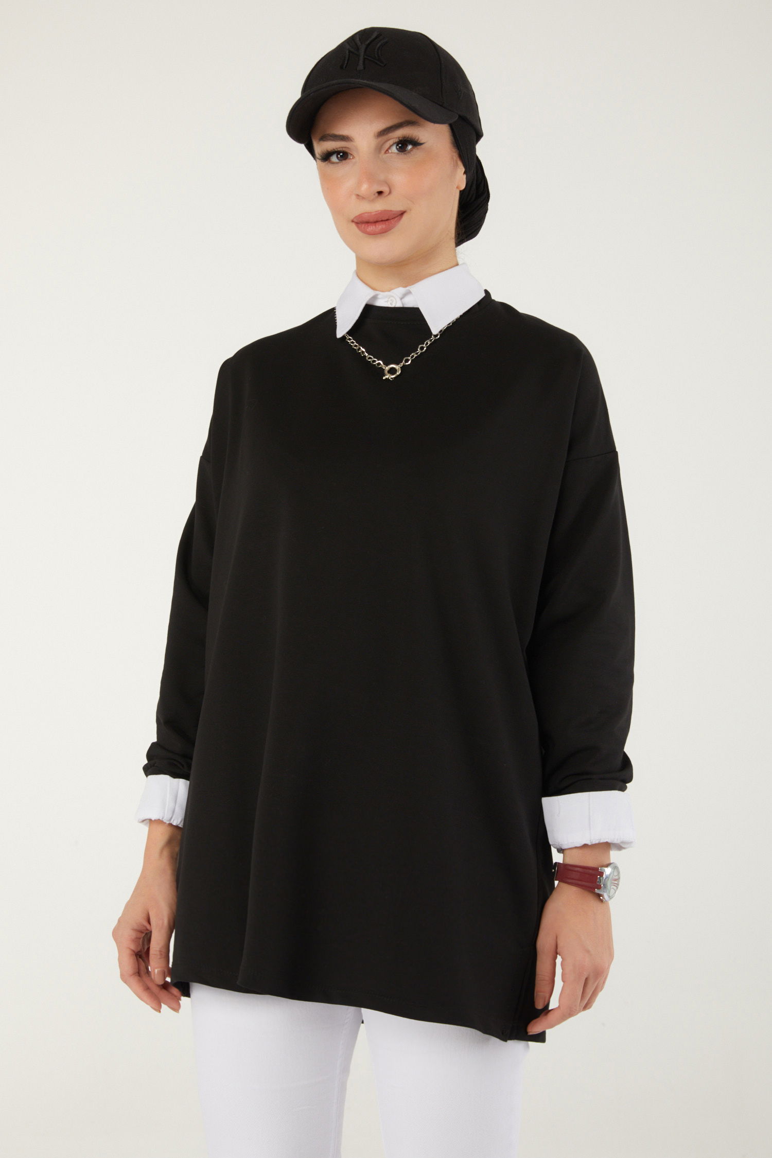Düz Bisiklet Yaka Kadın Siyah Baskılı Sweat - 26239 - 10