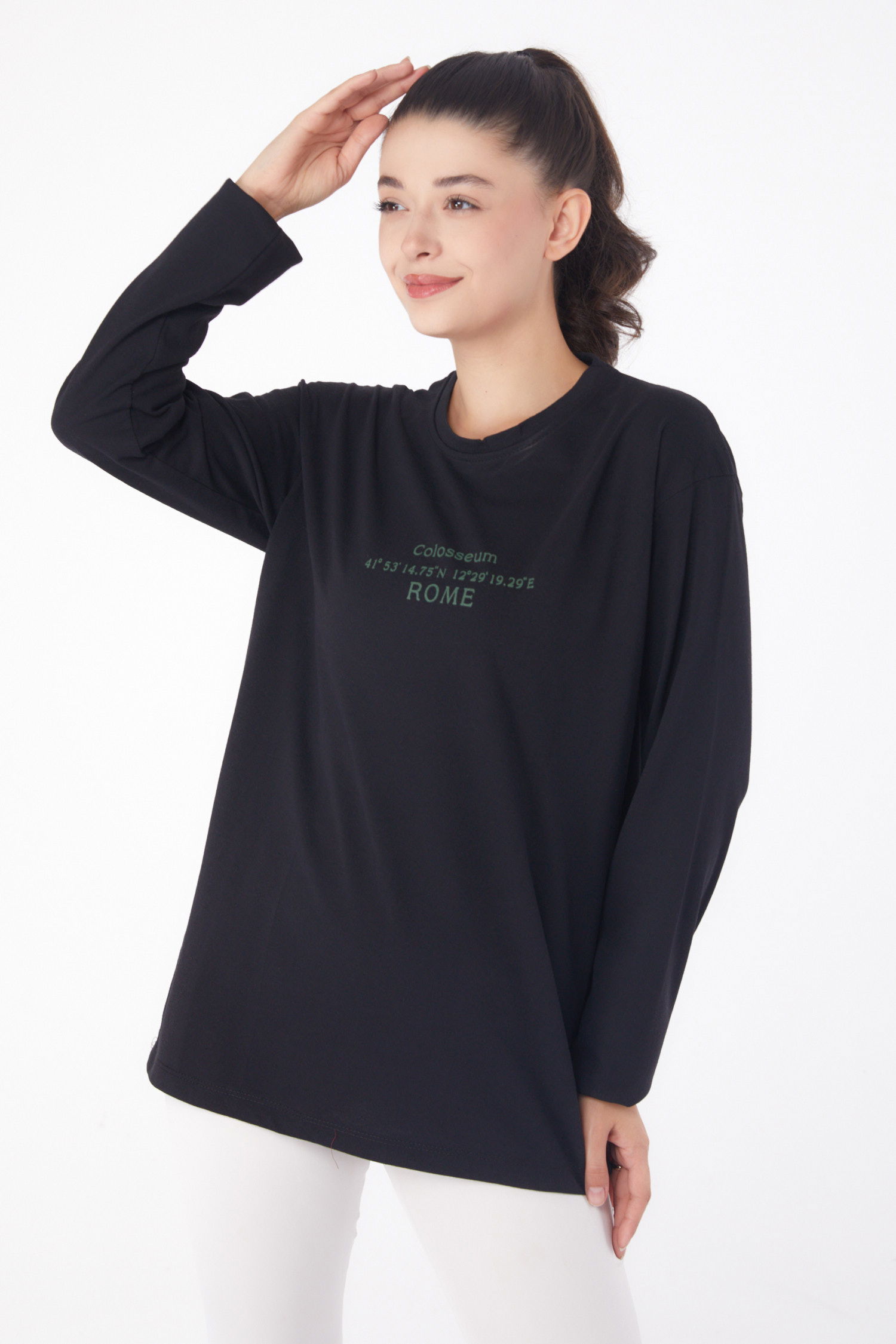 Düz Bisiklet Yaka Kadın Siyah Baskılı Sweat - 26239 - 2