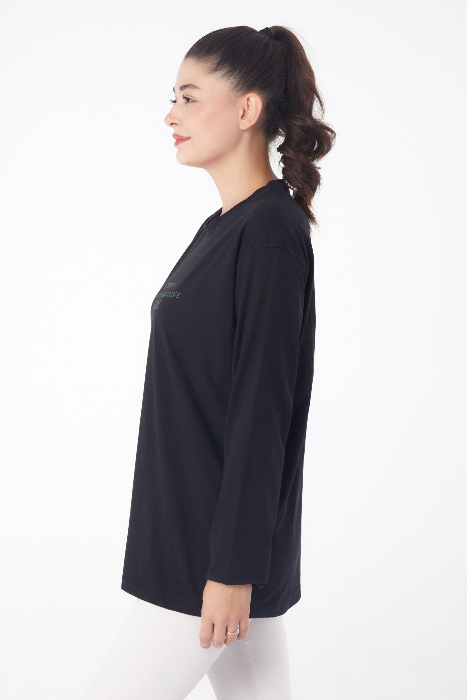 Düz Bisiklet Yaka Kadın Siyah Baskılı Sweat - 26239 - 3