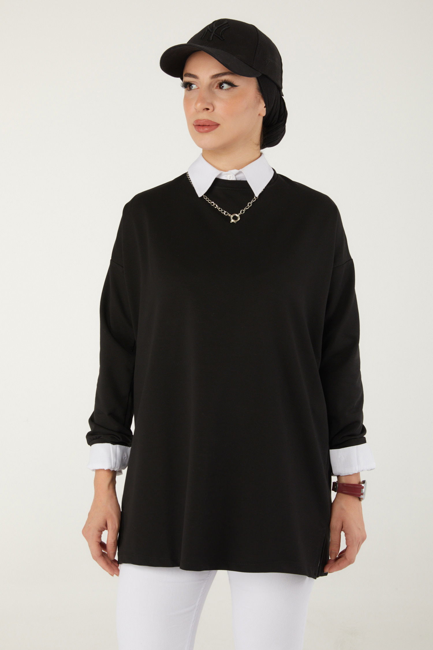 Düz Bisiklet Yaka Kadın Siyah Baskılı Sweat - 26239 - 8