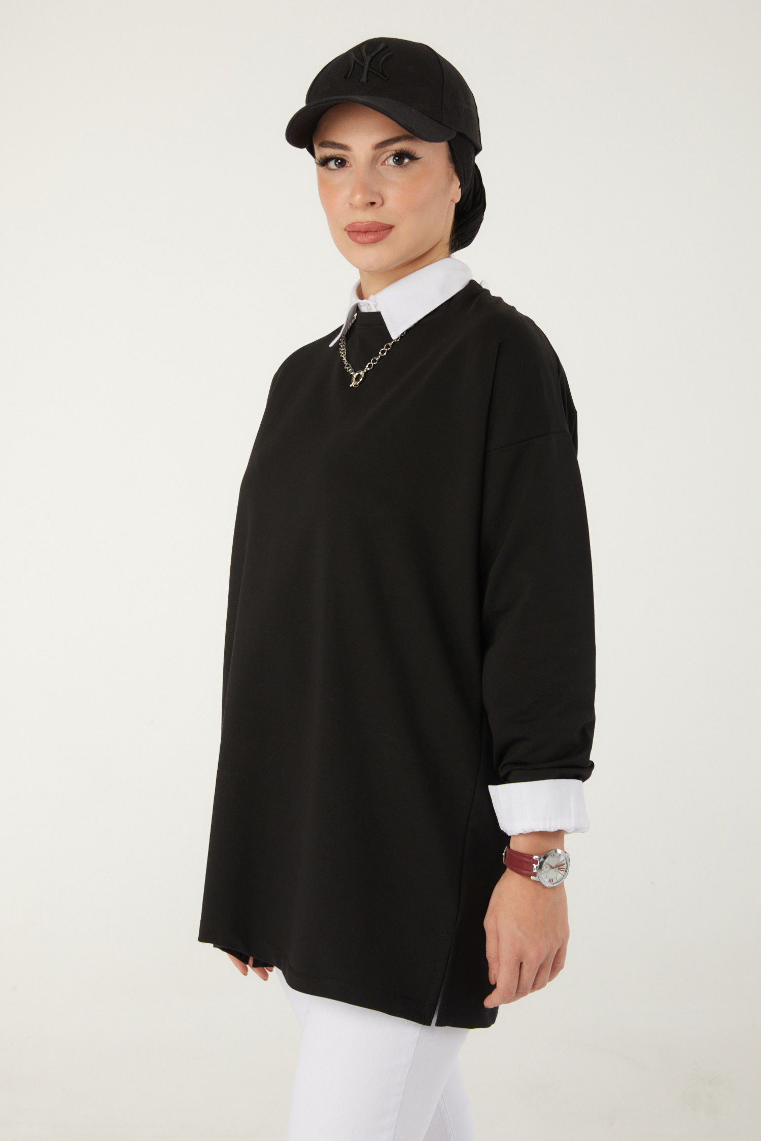 Düz Bisiklet Yaka Kadın Siyah Baskılı Sweat - 26239 - 7